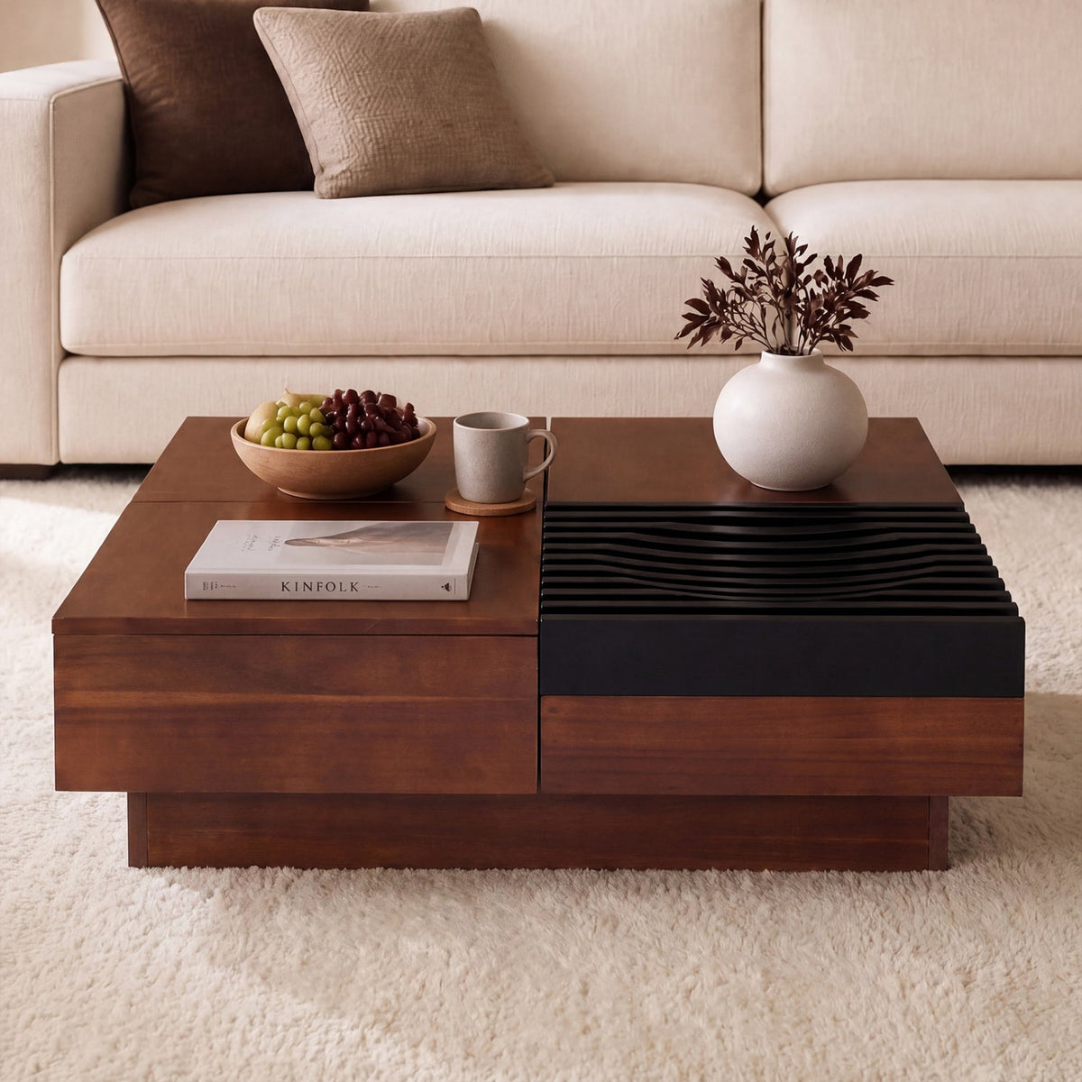 32" Square Coffee Table with Storage Tray and Hidden Compartments