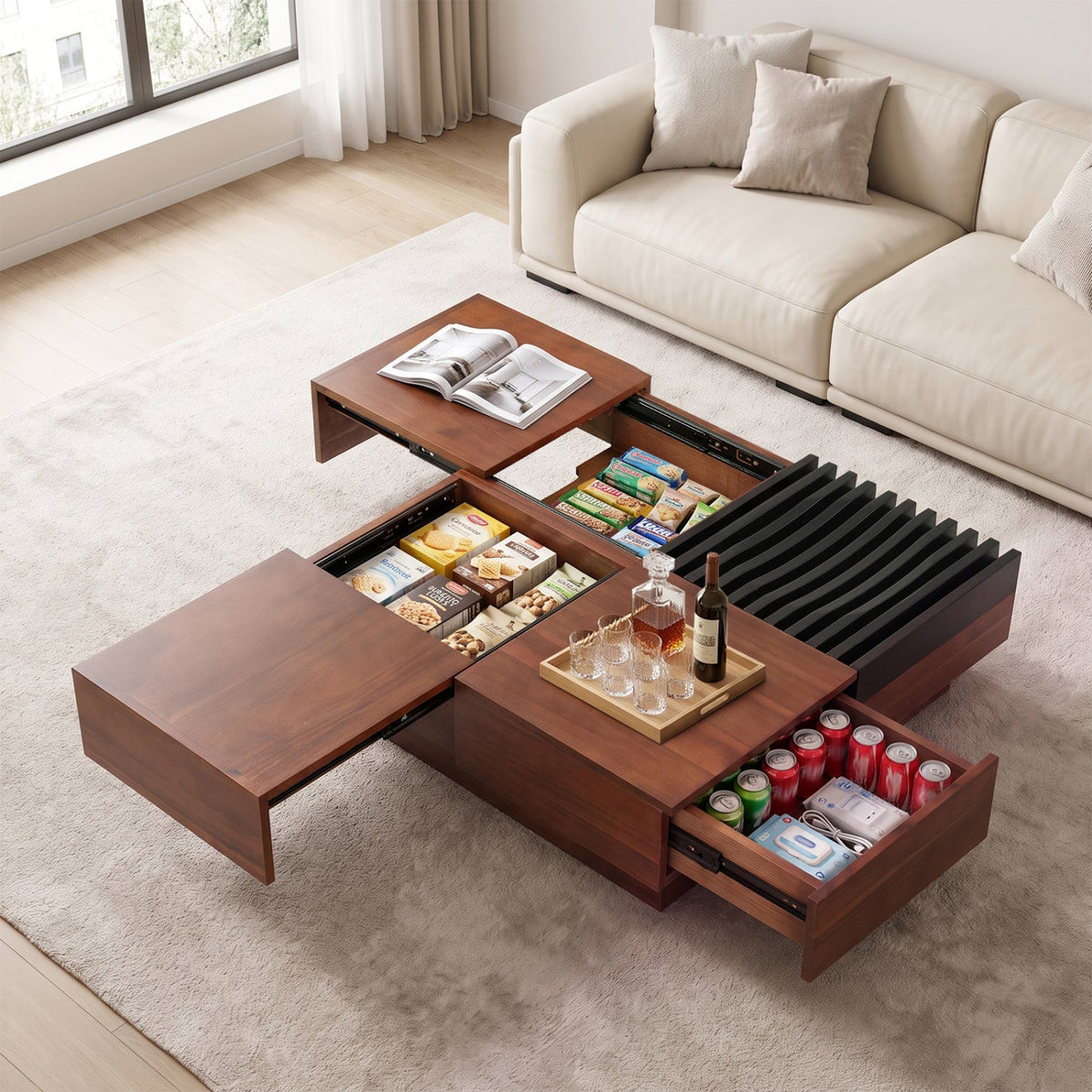 32" Square Coffee Table with Storage Tray and Hidden Compartments