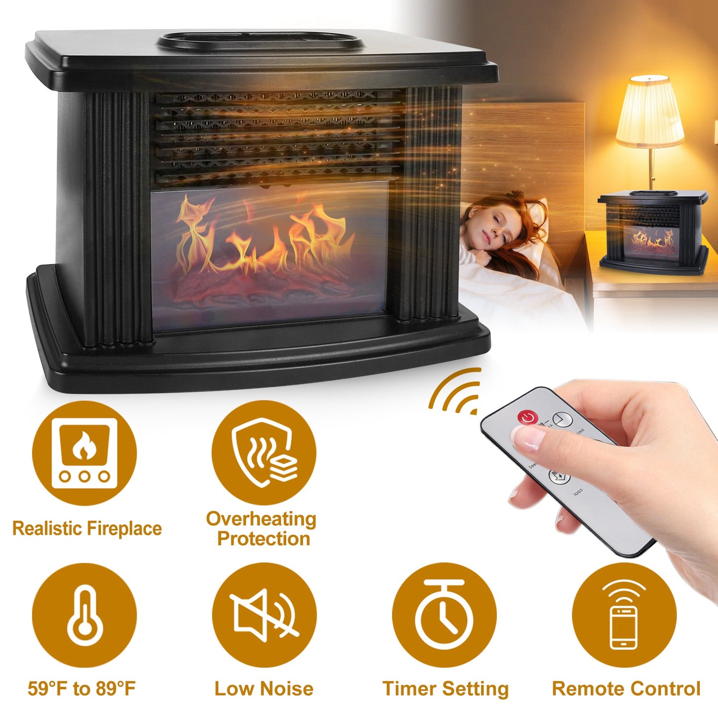 Electric Fireplace Heater 800W with Remote & Timer Control