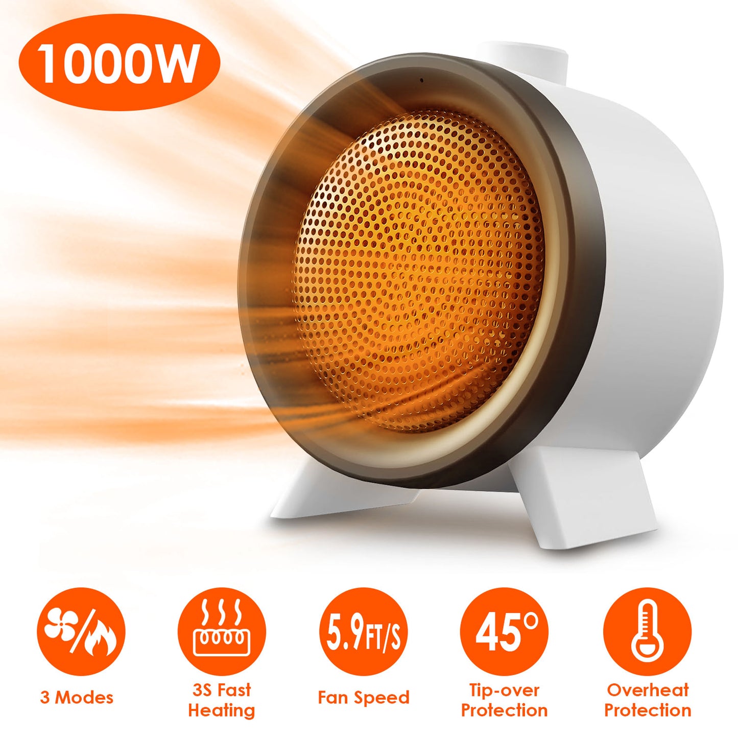 1000W Ceramic Space Heater with 3 Modes & Safety Shutoff