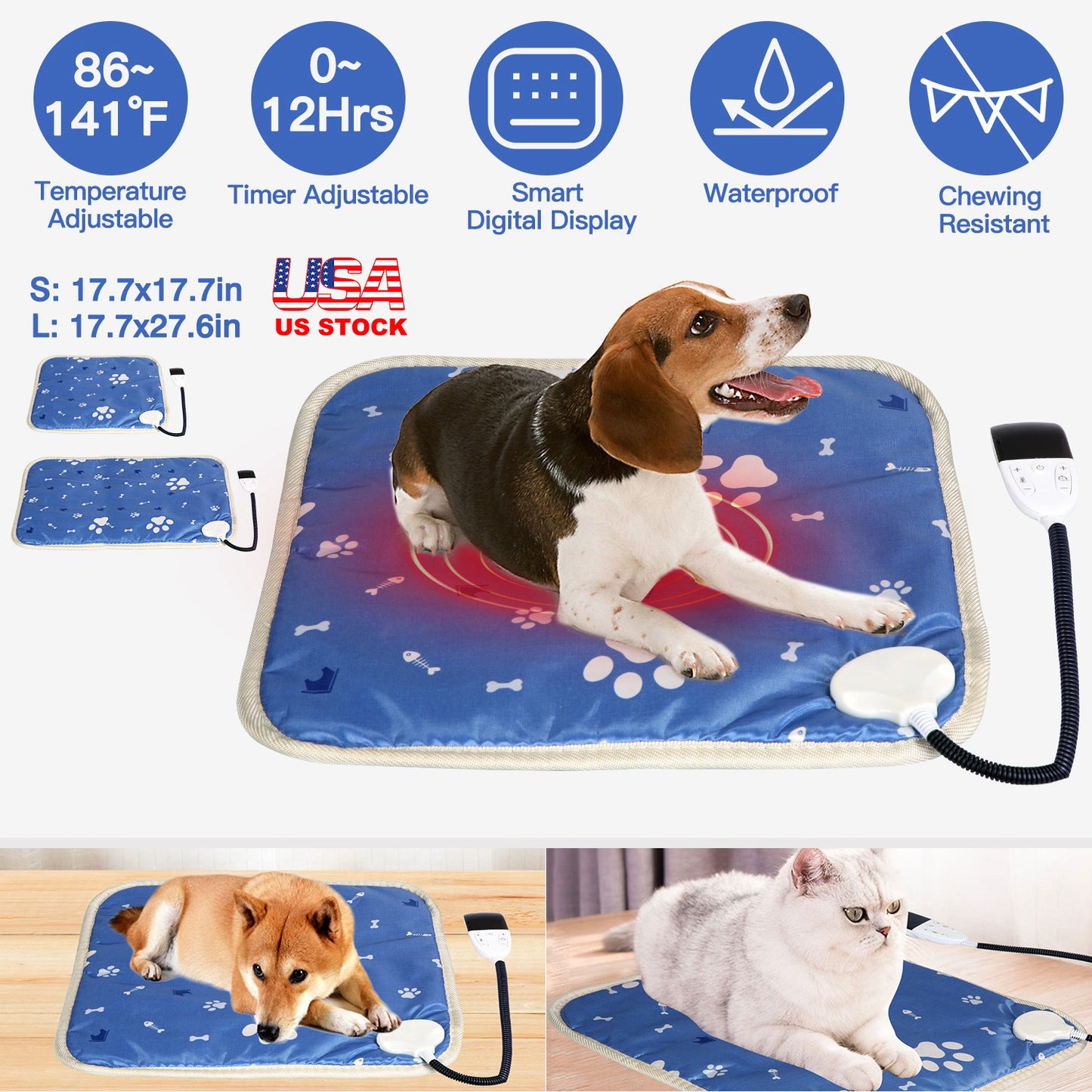 Pet Heating Pad with 9 Temperature Levels & Timer Settings