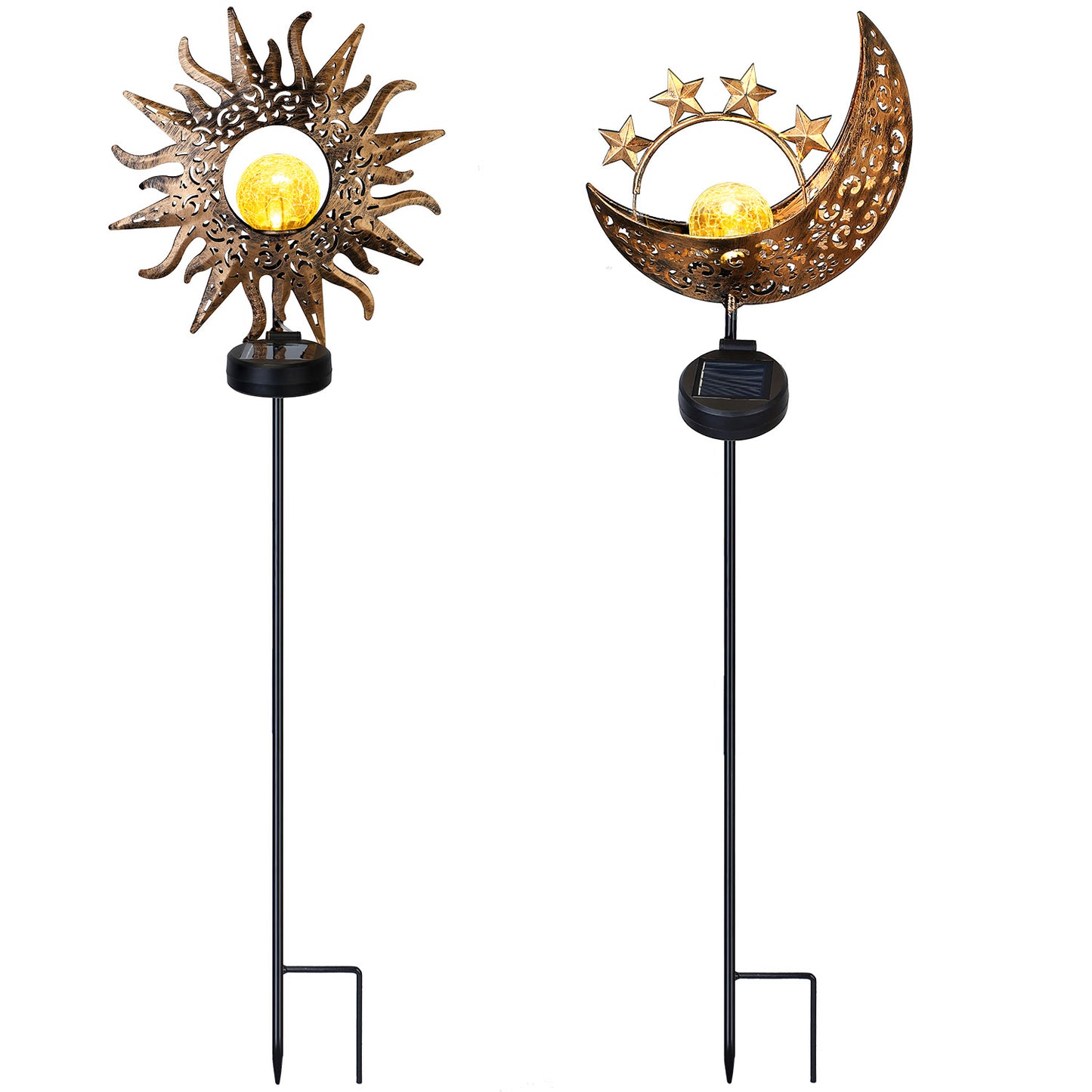 Solar Moon Star Garden Stake Light with Crackle Glass Globe