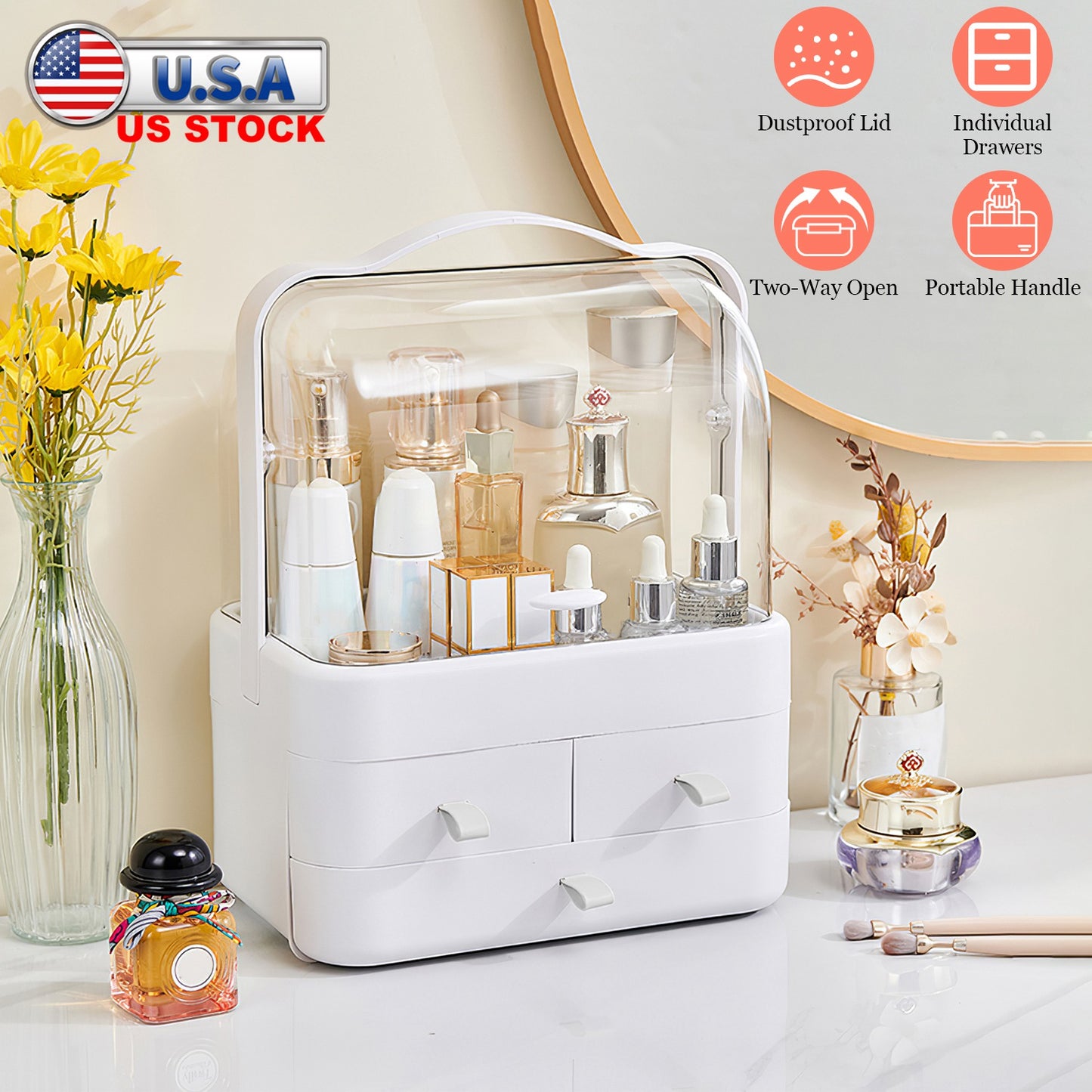 3-Tier Makeup Organizer with Dustproof Lid and Drawers
