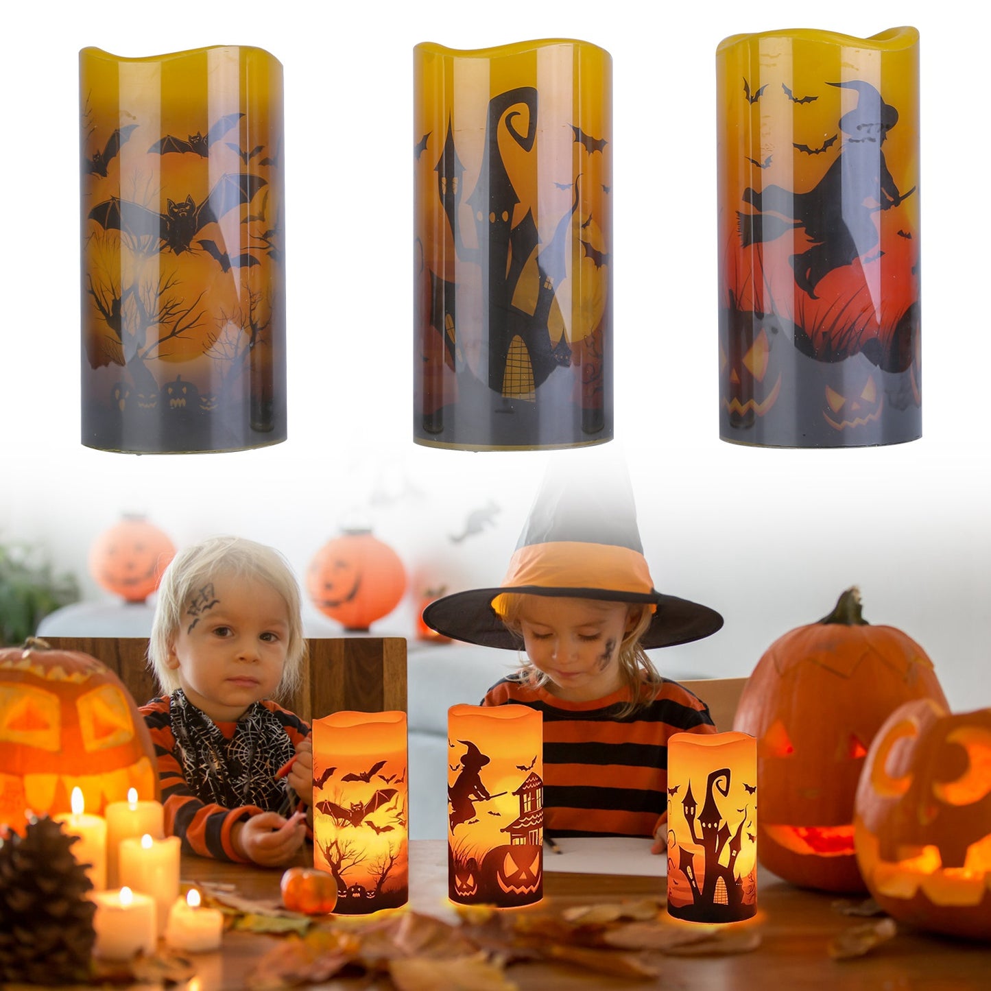 Flameless Halloween Candles with Timer - 3 Pack LED Battery Operated