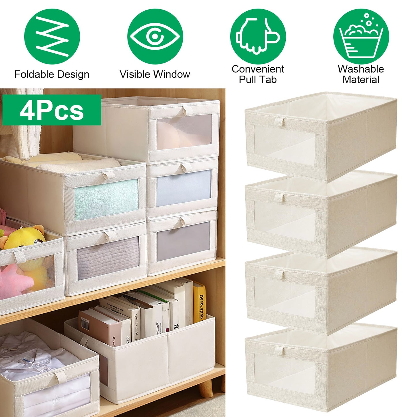 Foldable Linen Storage Bins with Clear Window - Set of 4