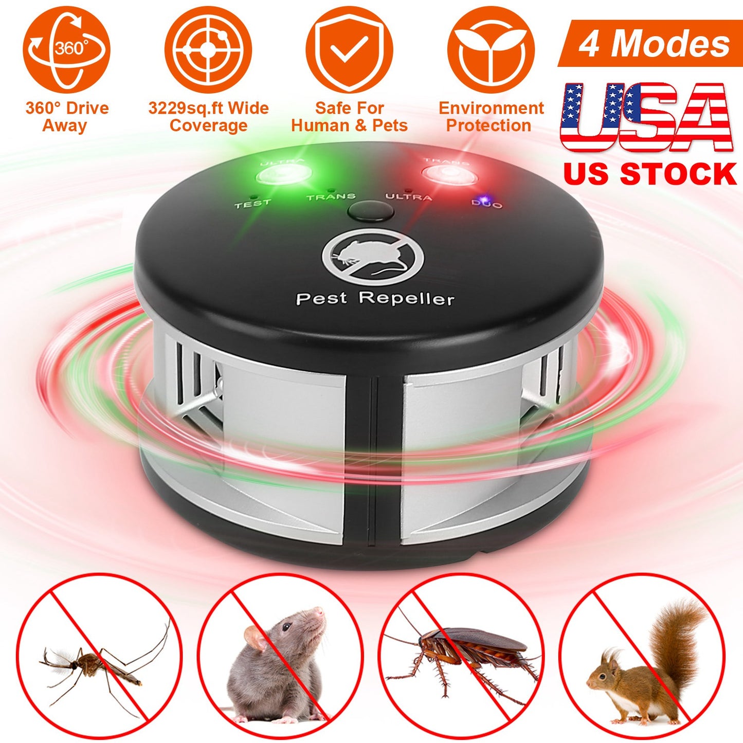 Ultrasonic Pest Repeller with 4 Modes for Indoor Use