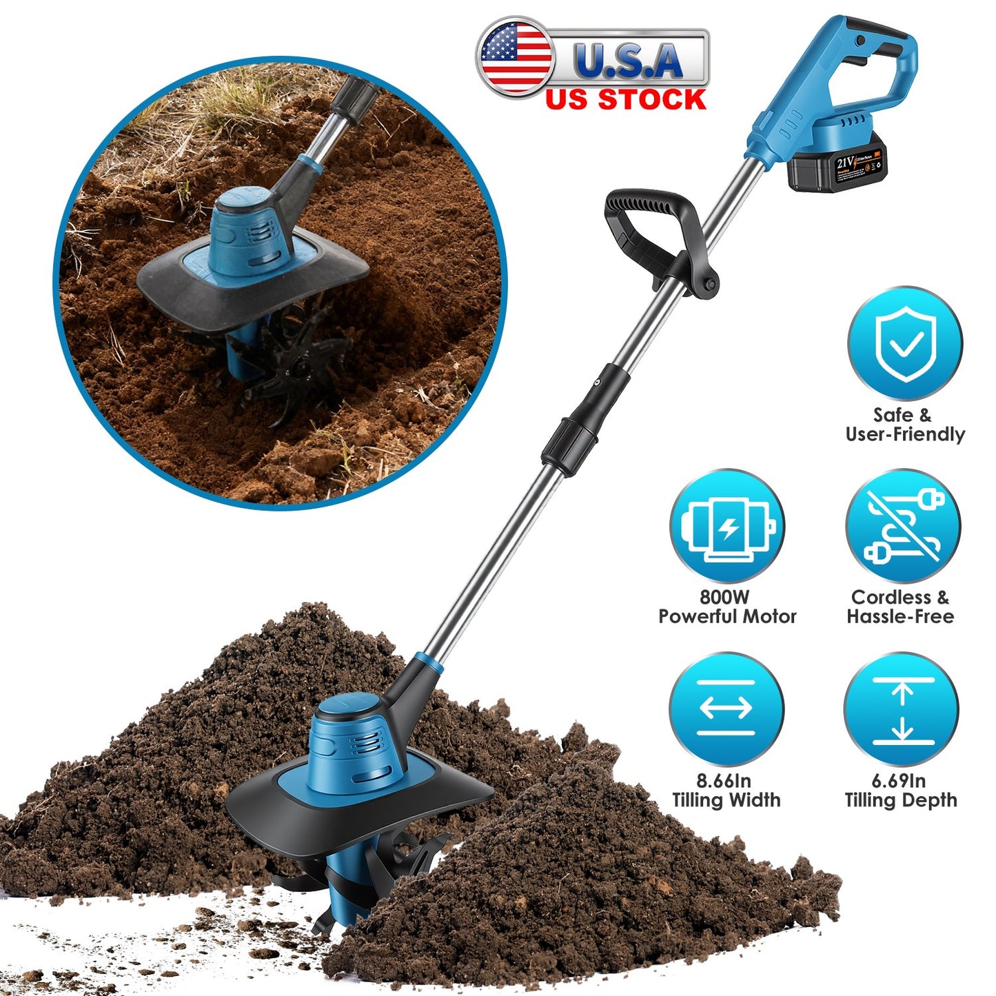Cordless Tiller Cultivator 800W 21V Battery Powered Garden Tool