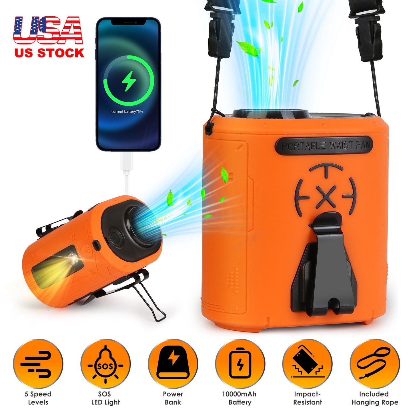 Portable Waist Clip Fan 5-in-1 with 10000mAh Power Bank
