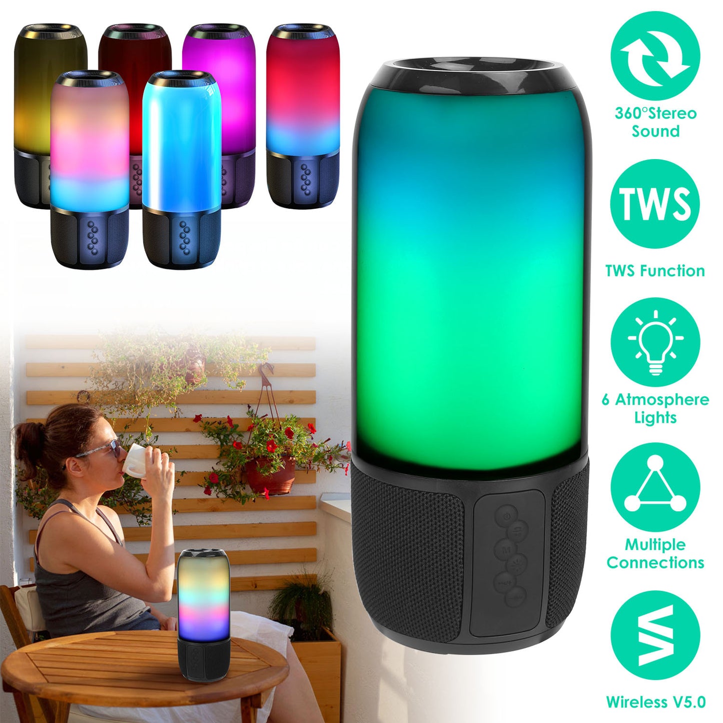 Portable Bluetooth Speaker with 6 Color LED Lights & Stereo Sound