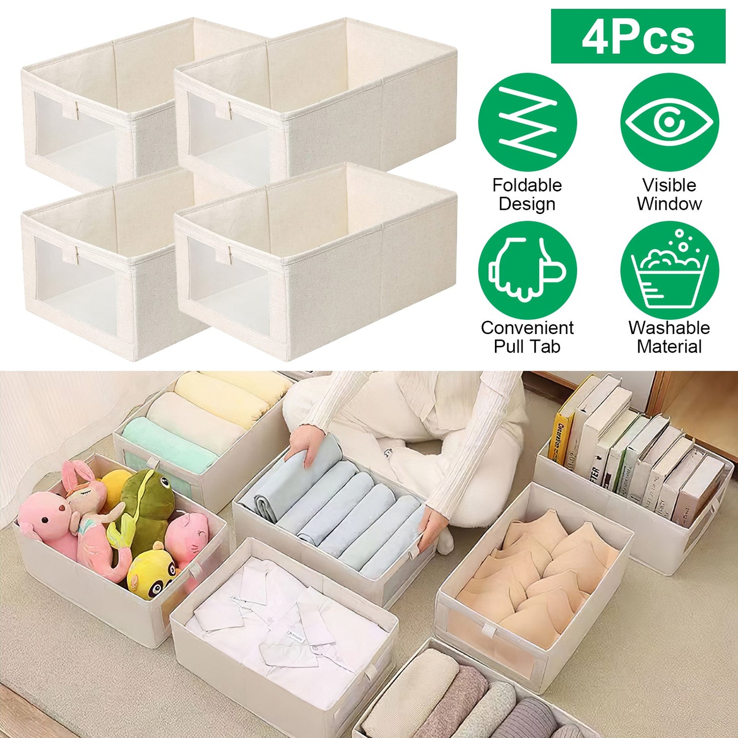Foldable Linen Storage Bins with Clear Window - Set of 4