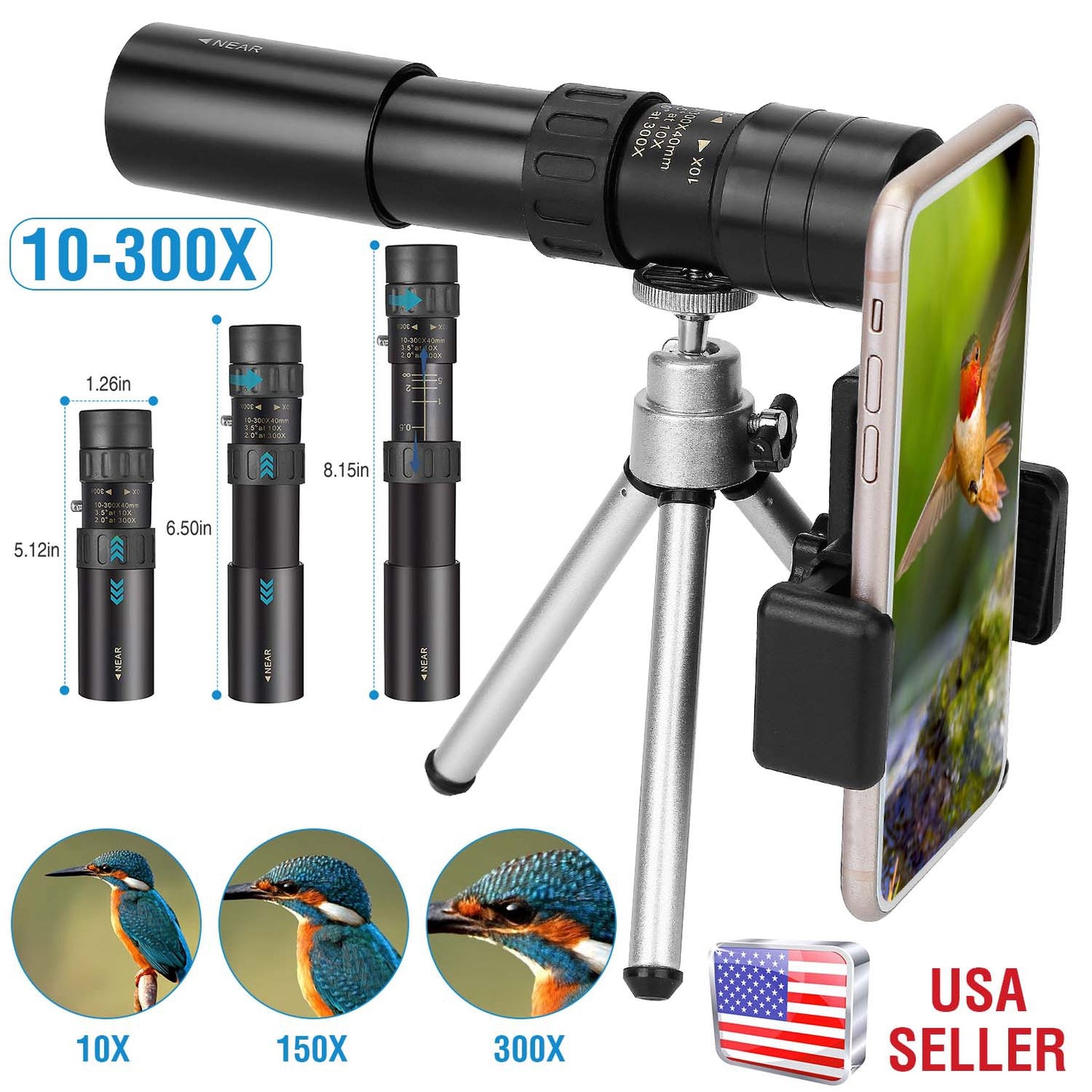 Monocular Telescope 10X-300X Zoom with Phone Holder & Tripod