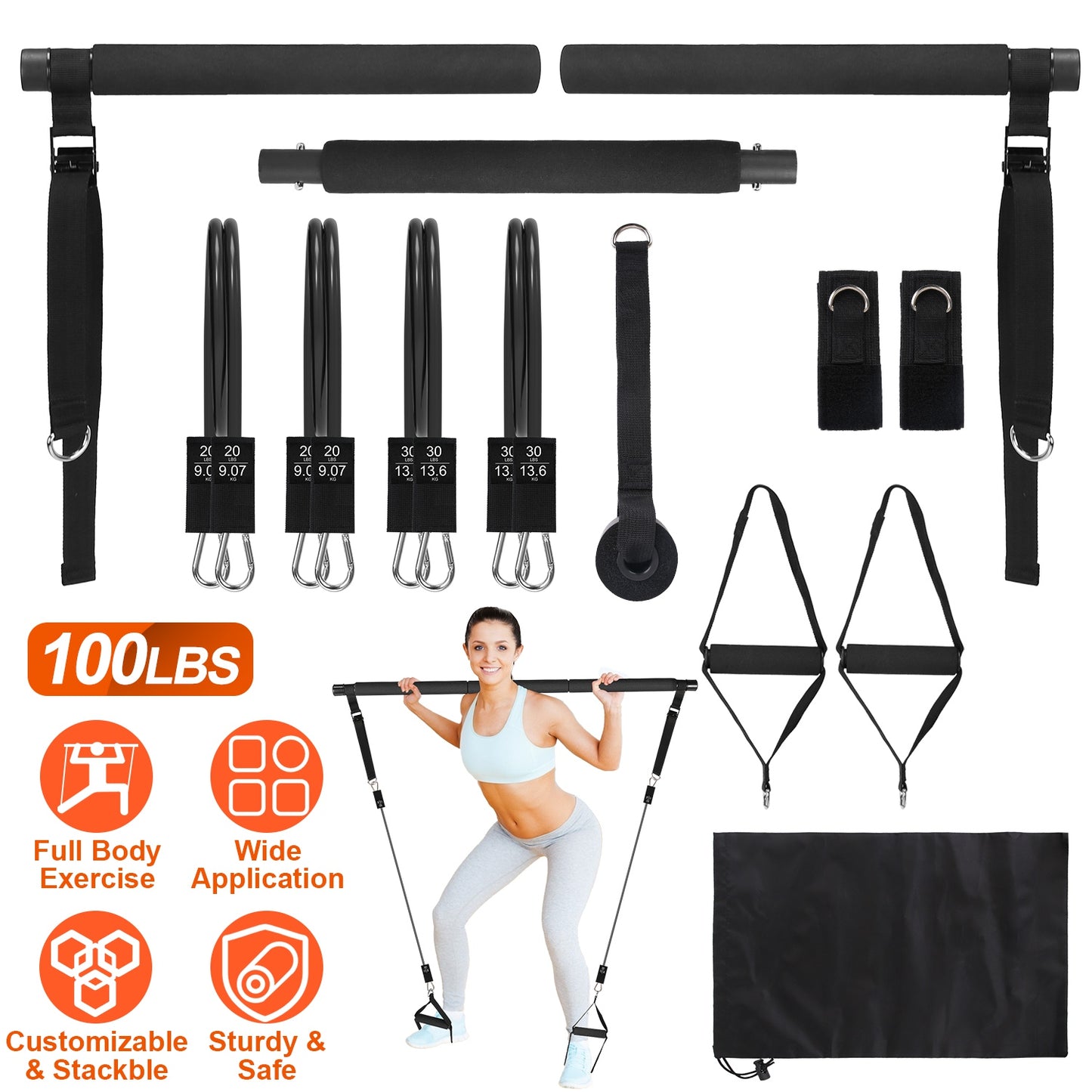 Pilates Bar Kit with 100LBS Resistance Bands & Accessories