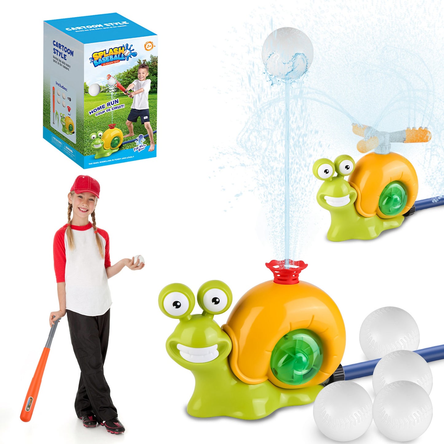 Snail Water Sprinkler Baseball Toy with 360° Rotating Spray