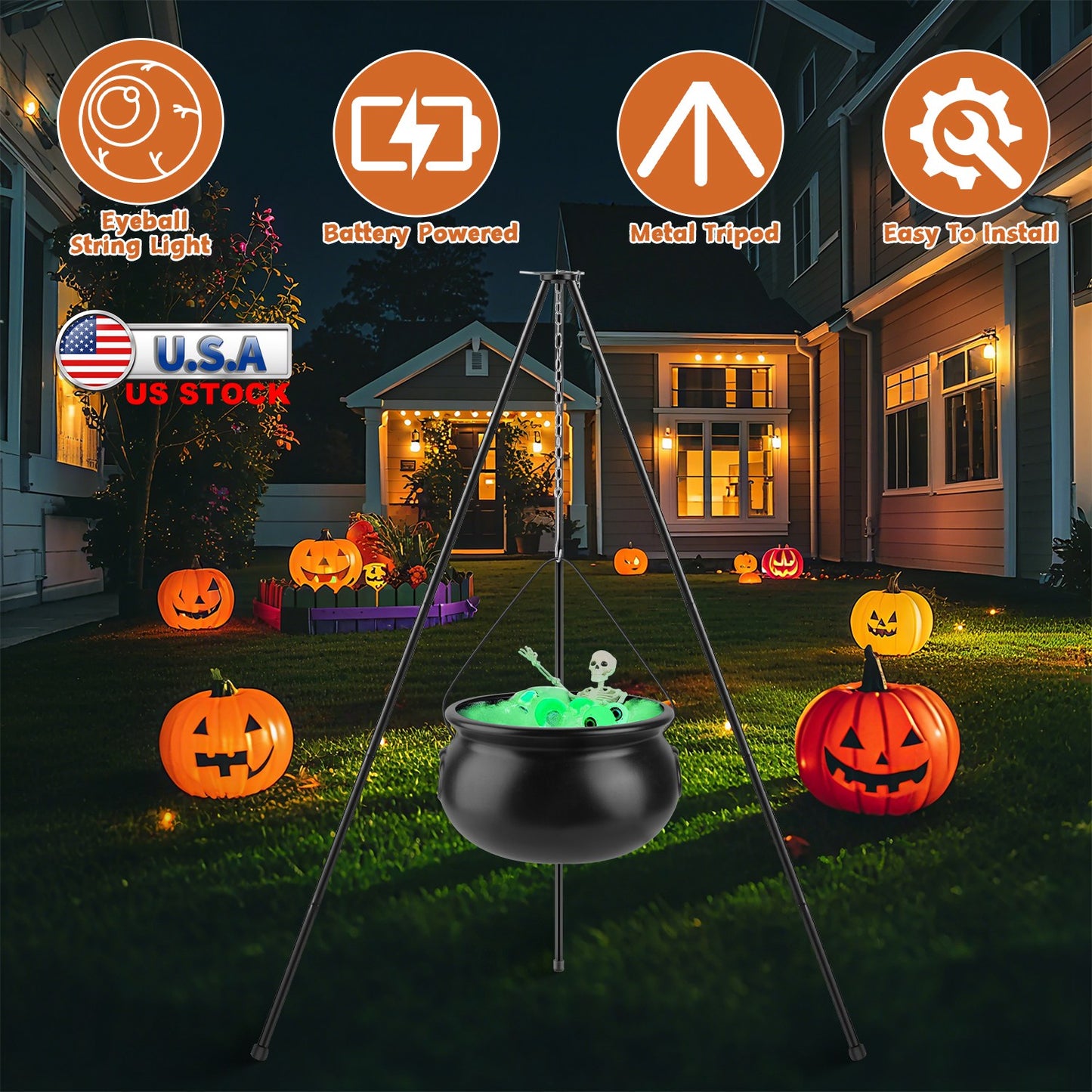 Halloween Witch Cauldron with 56" Tripod & LED String Lights