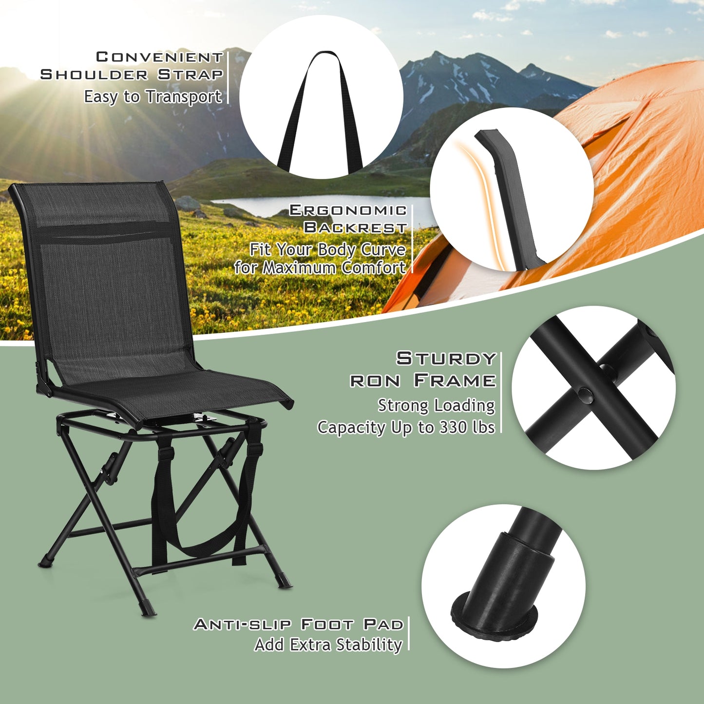 360° Swivel Folding Camping Chair with Iron Frame
