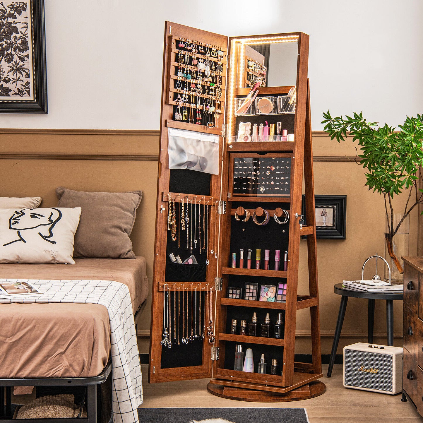 Rotating Mirrored Jewelry Armoire with LED Lighting