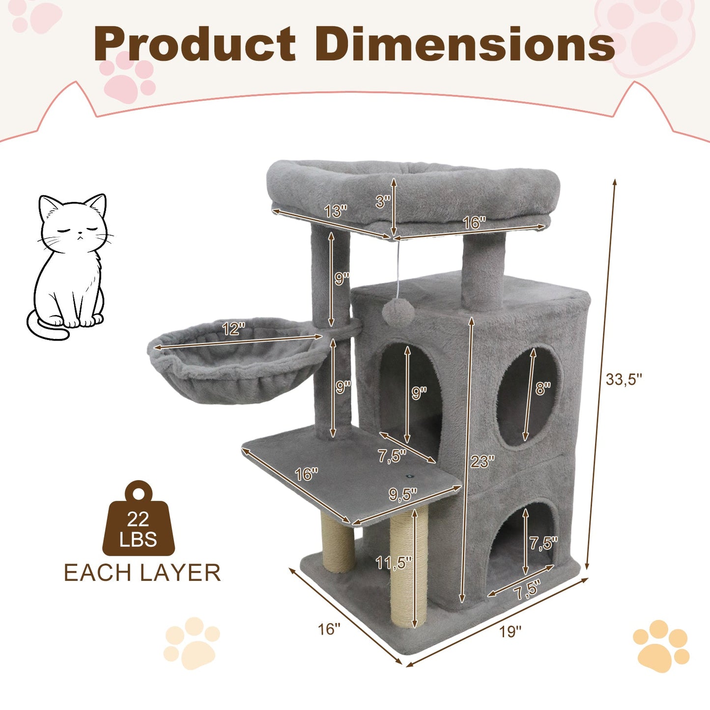 33.5 Inch Cute Kitten Tower with 2-Tier Condo and Padded Top Perch
