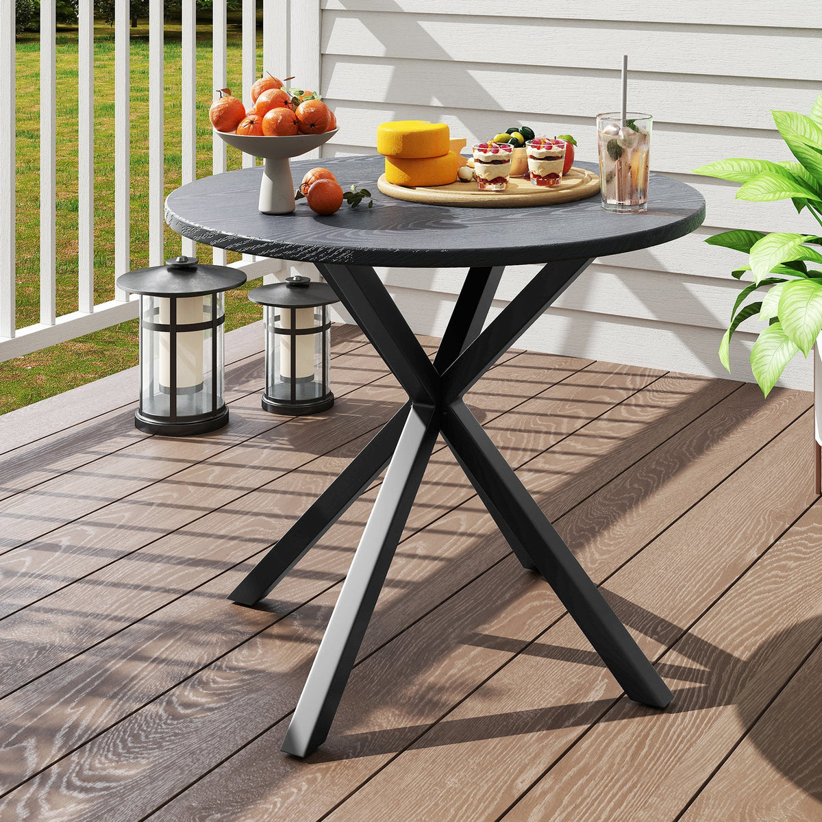 33.5 Inch Round Patio Bistro Table with Wood-Like Top and X-Shaped Legs-Gray