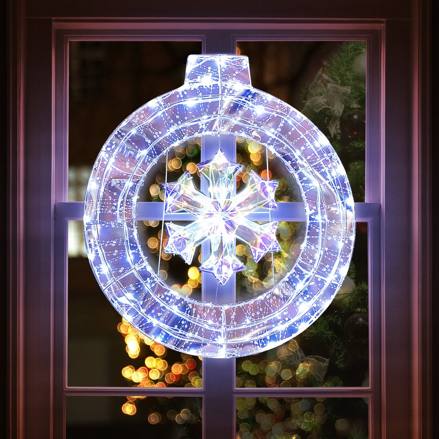 33 Inch Lighted Snowflake Wreath with Hanging Ring and Support Bracket