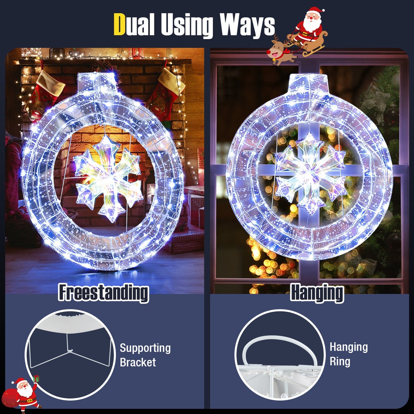 33 Inch Lighted Snowflake Wreath with Hanging Ring and Support Bracket