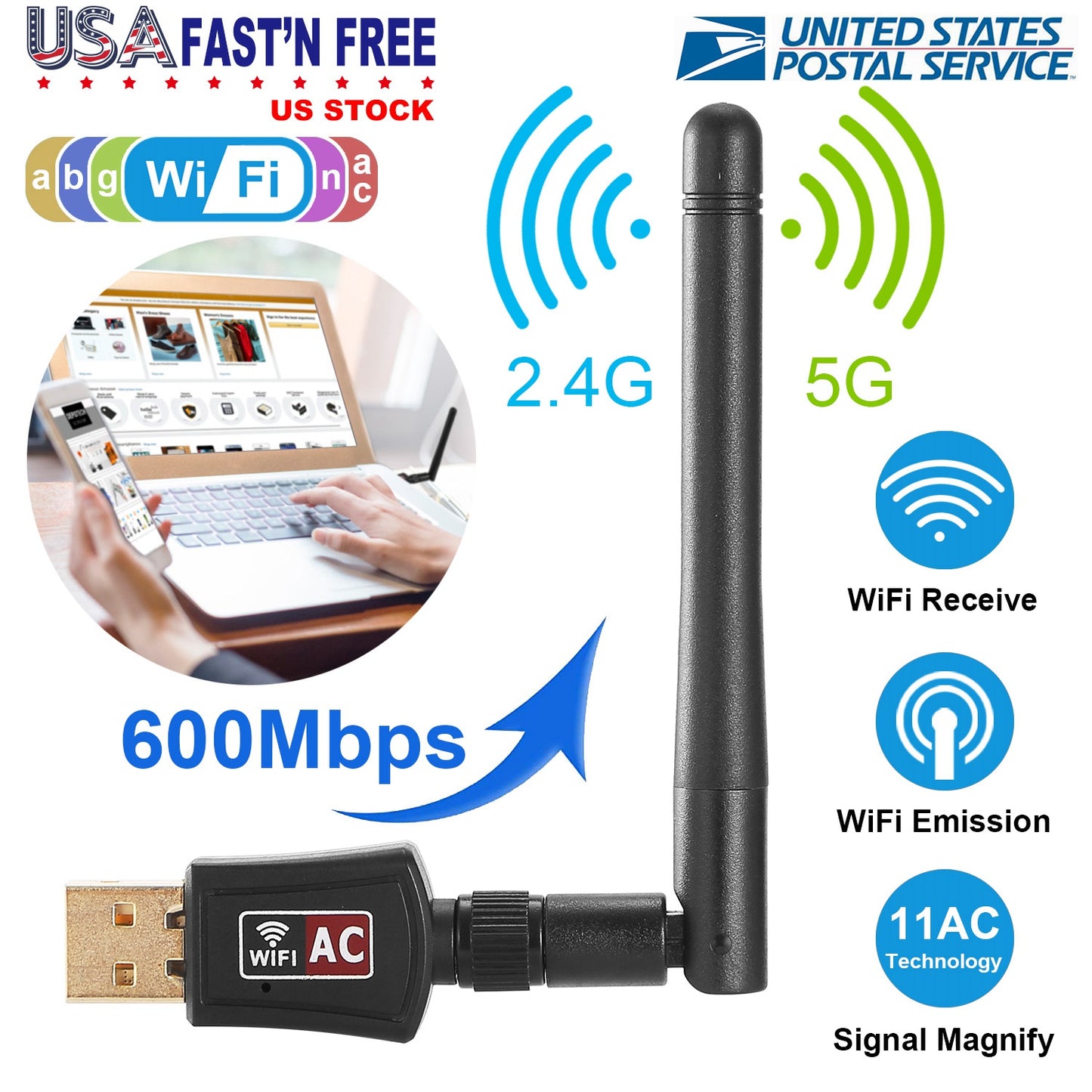 USB WiFi Adapter AC600 Dual Band with Rotating Antenna