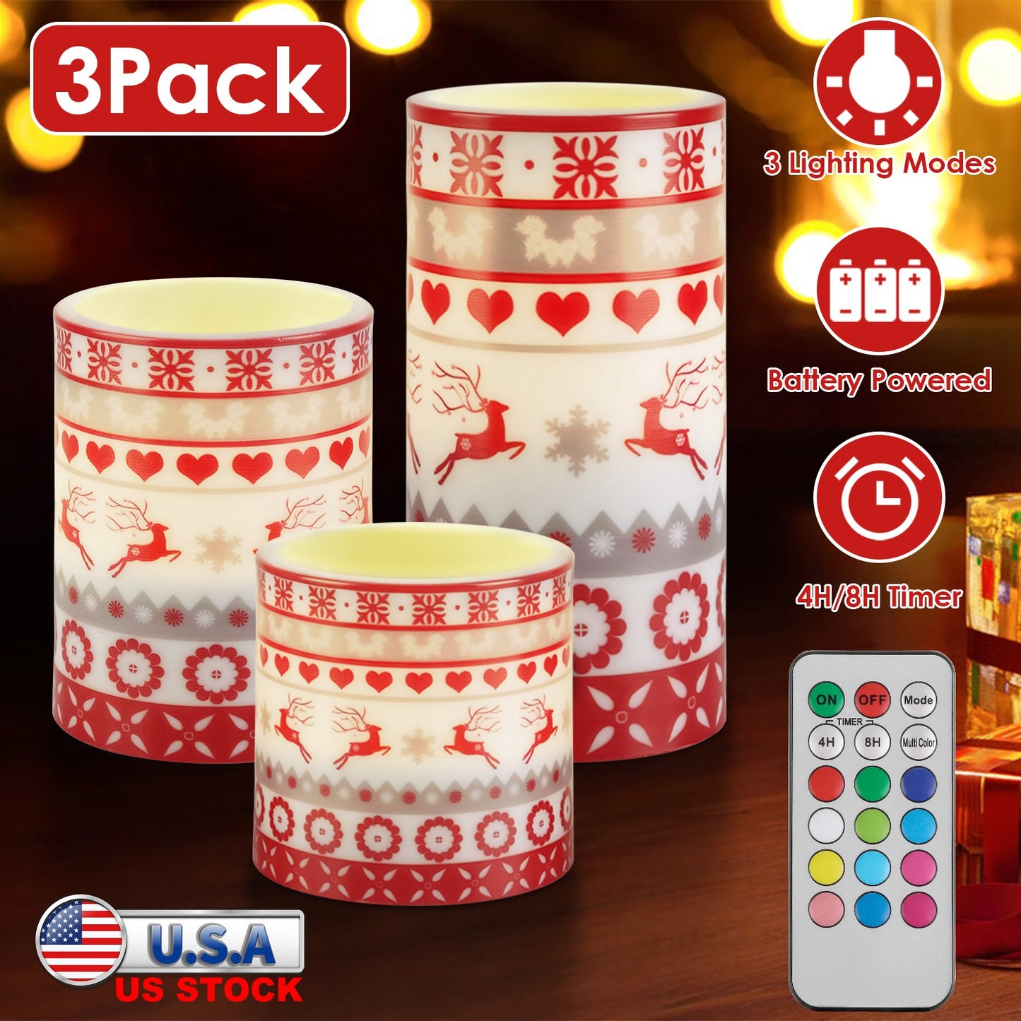 Flameless LED Candles 3-Pack with Remote & Timer - Christmas Deer