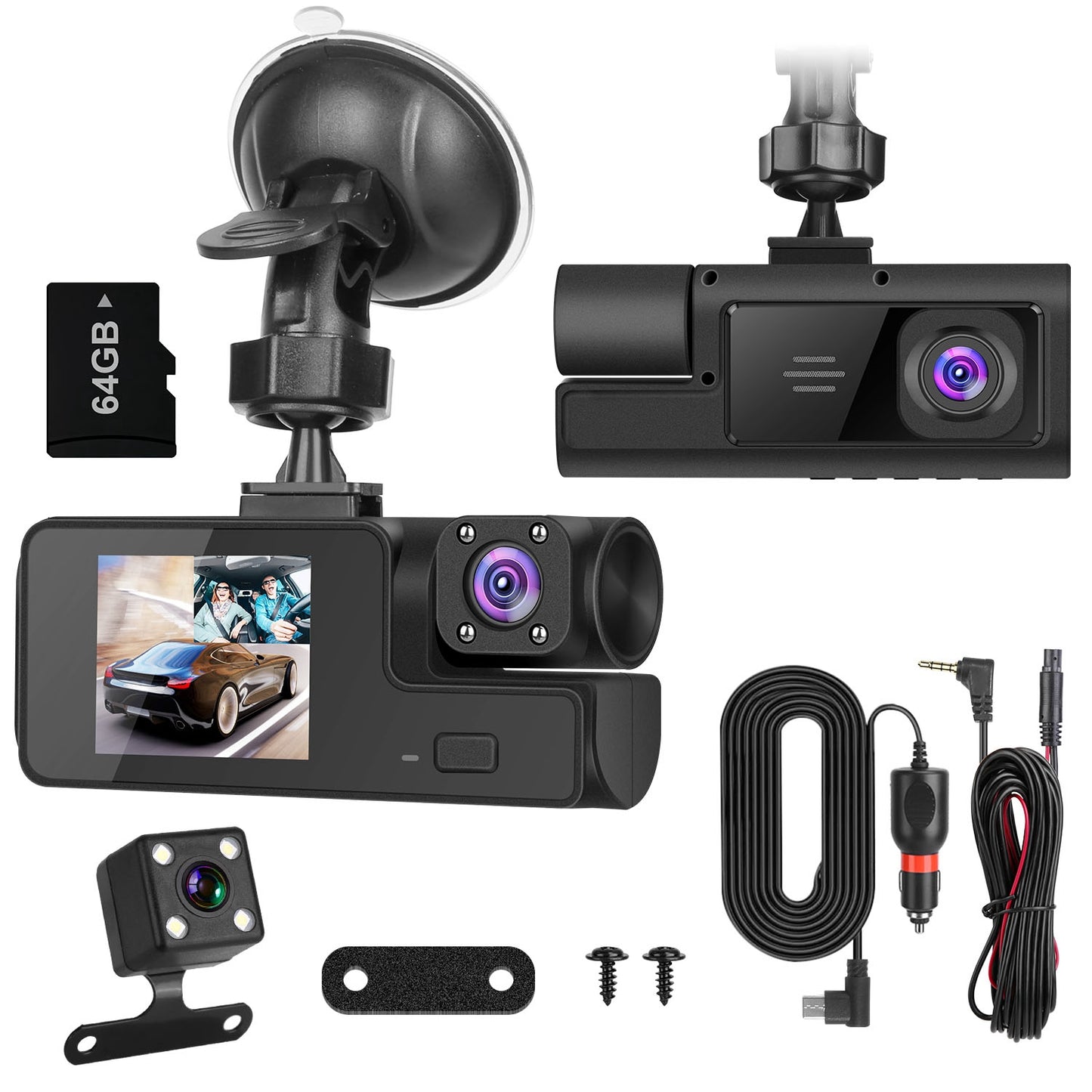 3-Channel Dash Cam with WiFi, 1080P Front & Rear Cameras