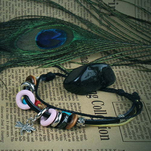 Fashion Dragonfly Pendant Leather Wristband