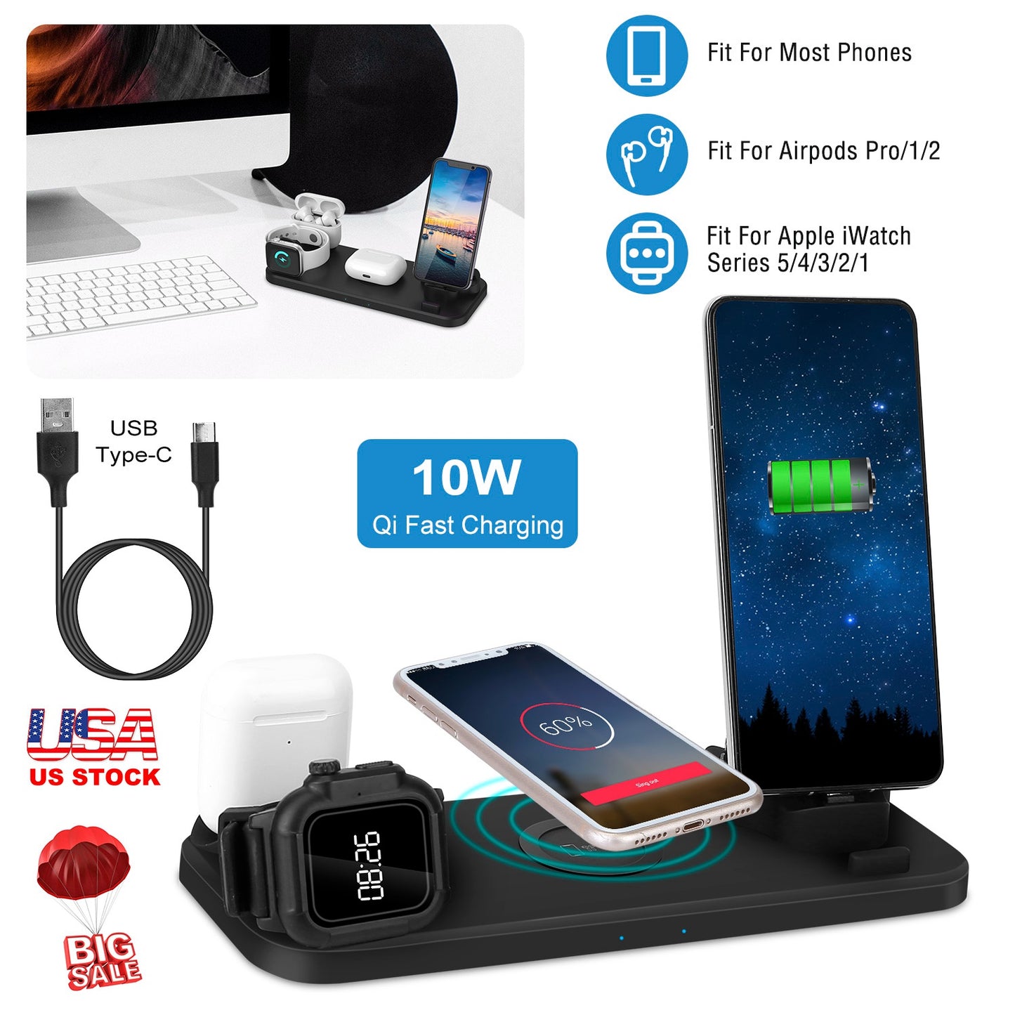 6-in-1 Wireless Charging Station for iPhone, Apple Watch & AirPods
