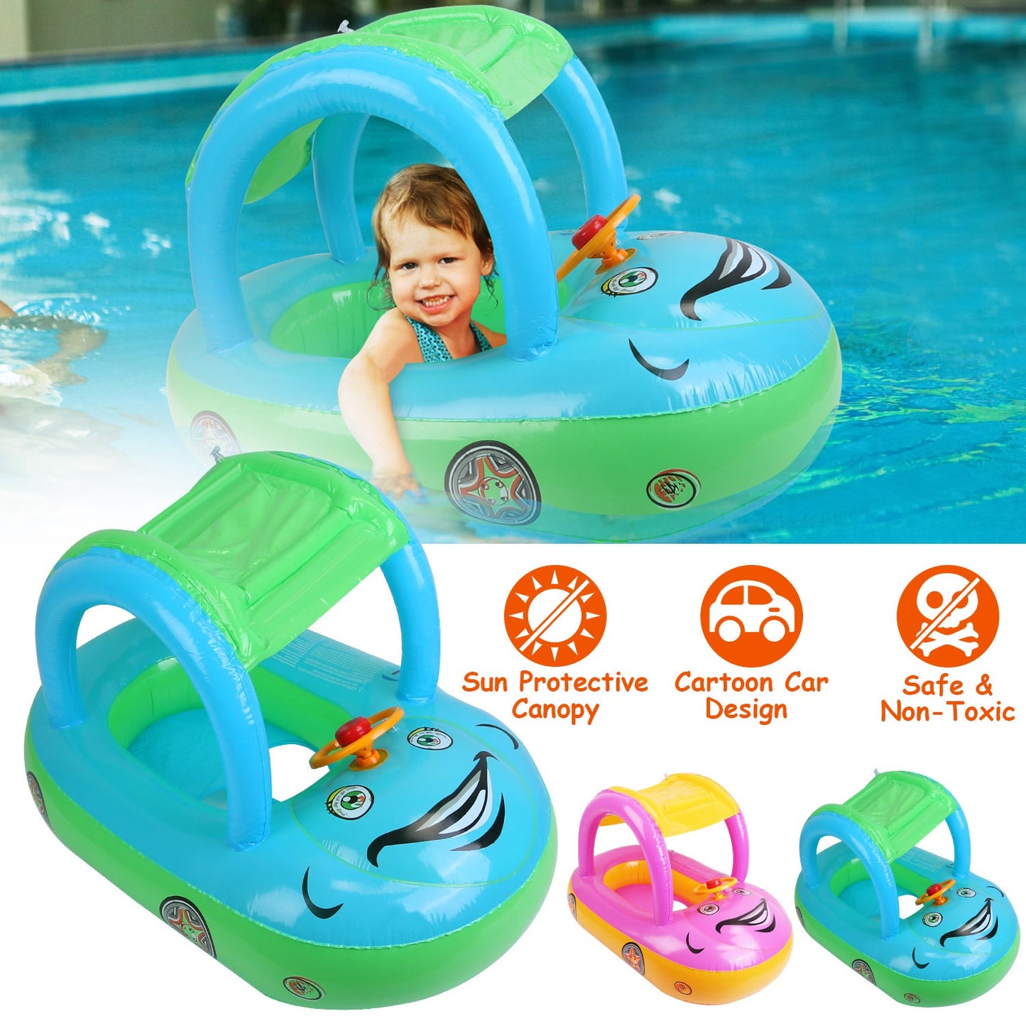 Baby Pool Float with Sun Canopy - Car Shaped Swim Ring