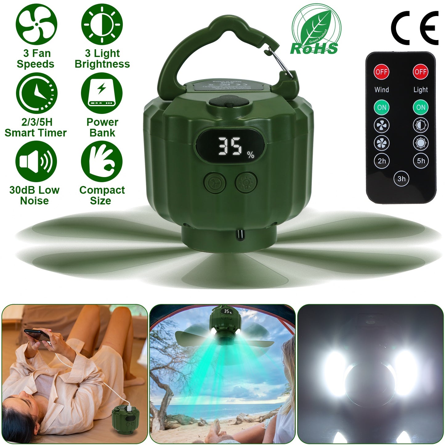 Portable Camping Ceiling Fan with LED Light & Power Bank