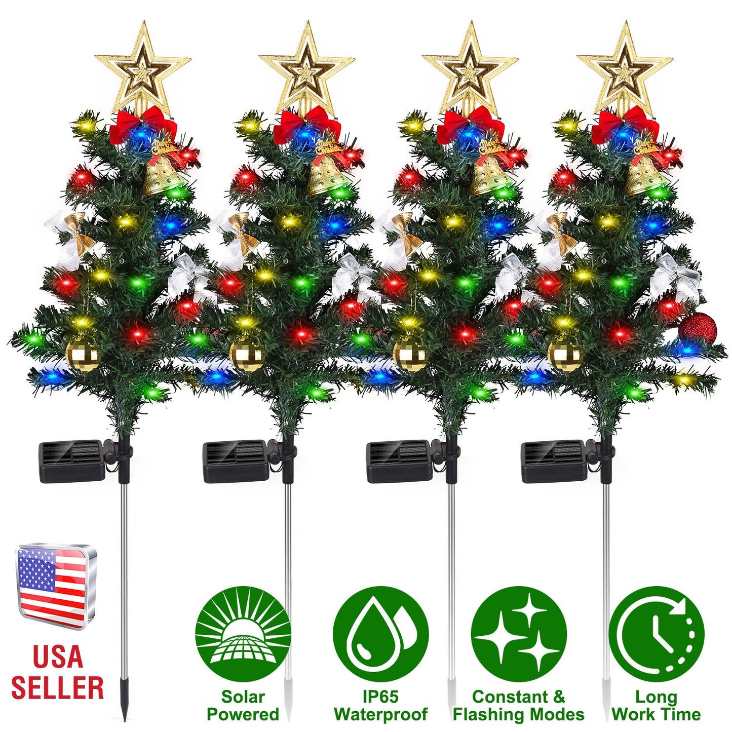 Solar Christmas Tree Lights 4-Pack with Ornaments & Stakes