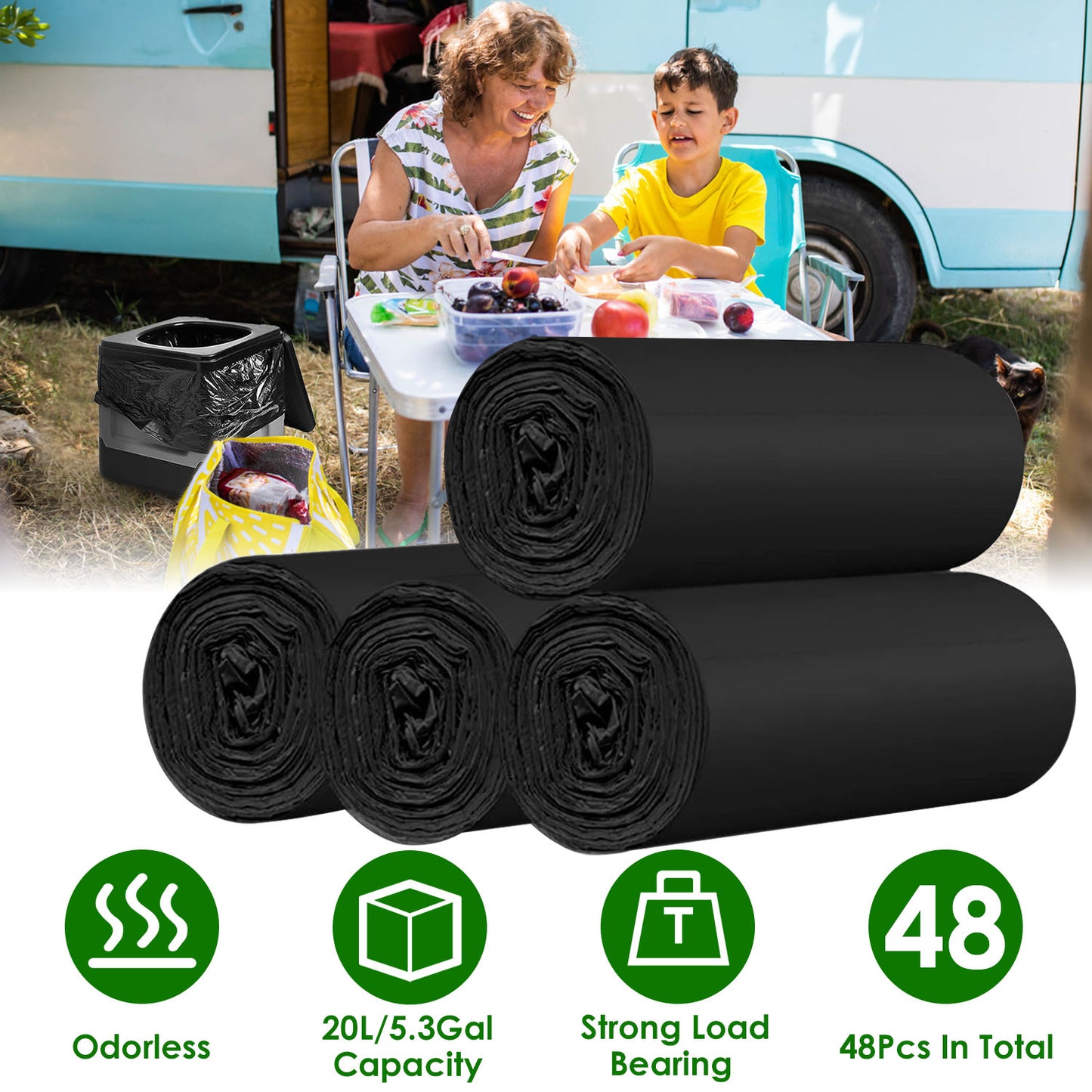 Garbage Bags 5.3 Gallon - 48 Count Black Unscented Trash Liners