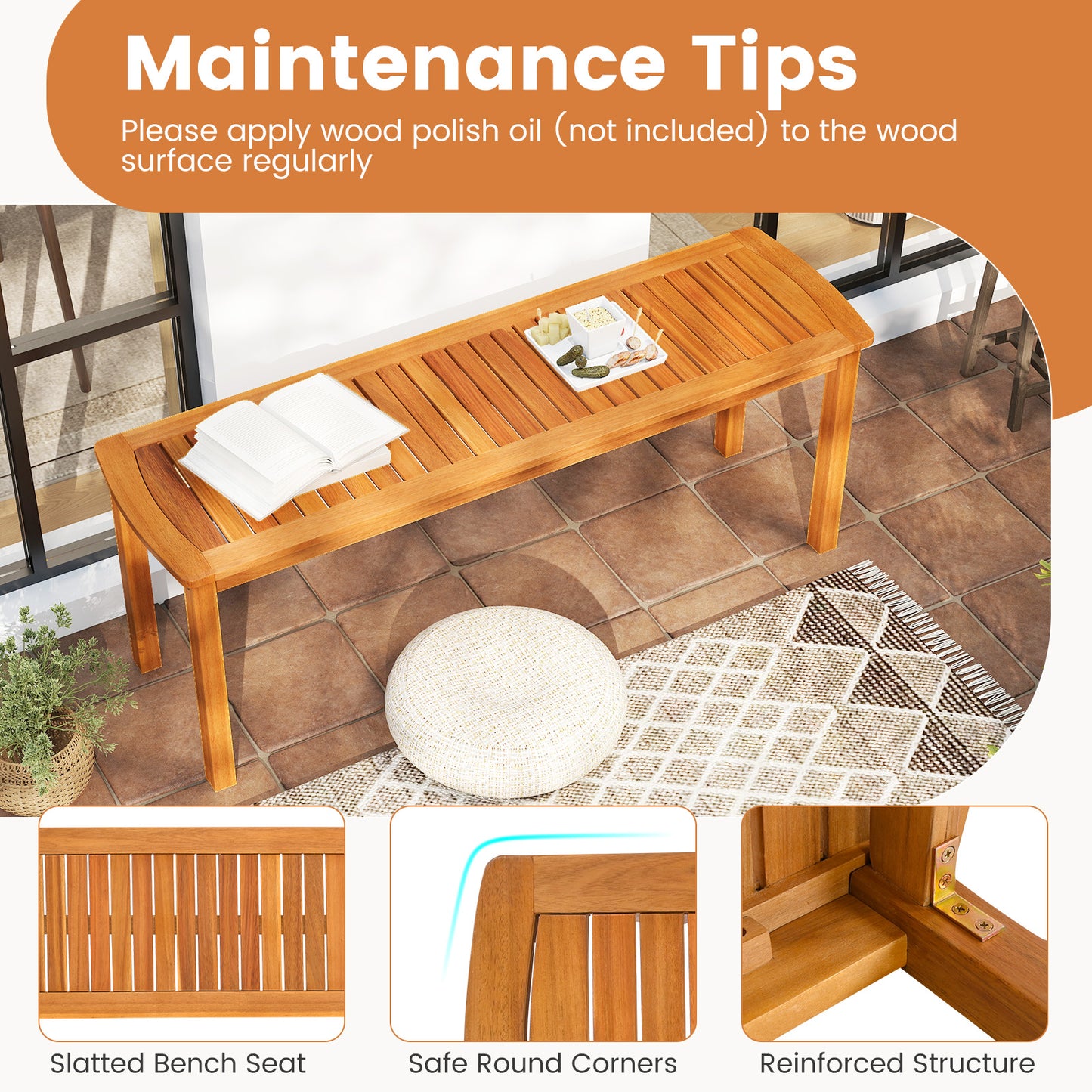 Acacia Wood Outdoor Bench Set of 2 with Slatted Seat