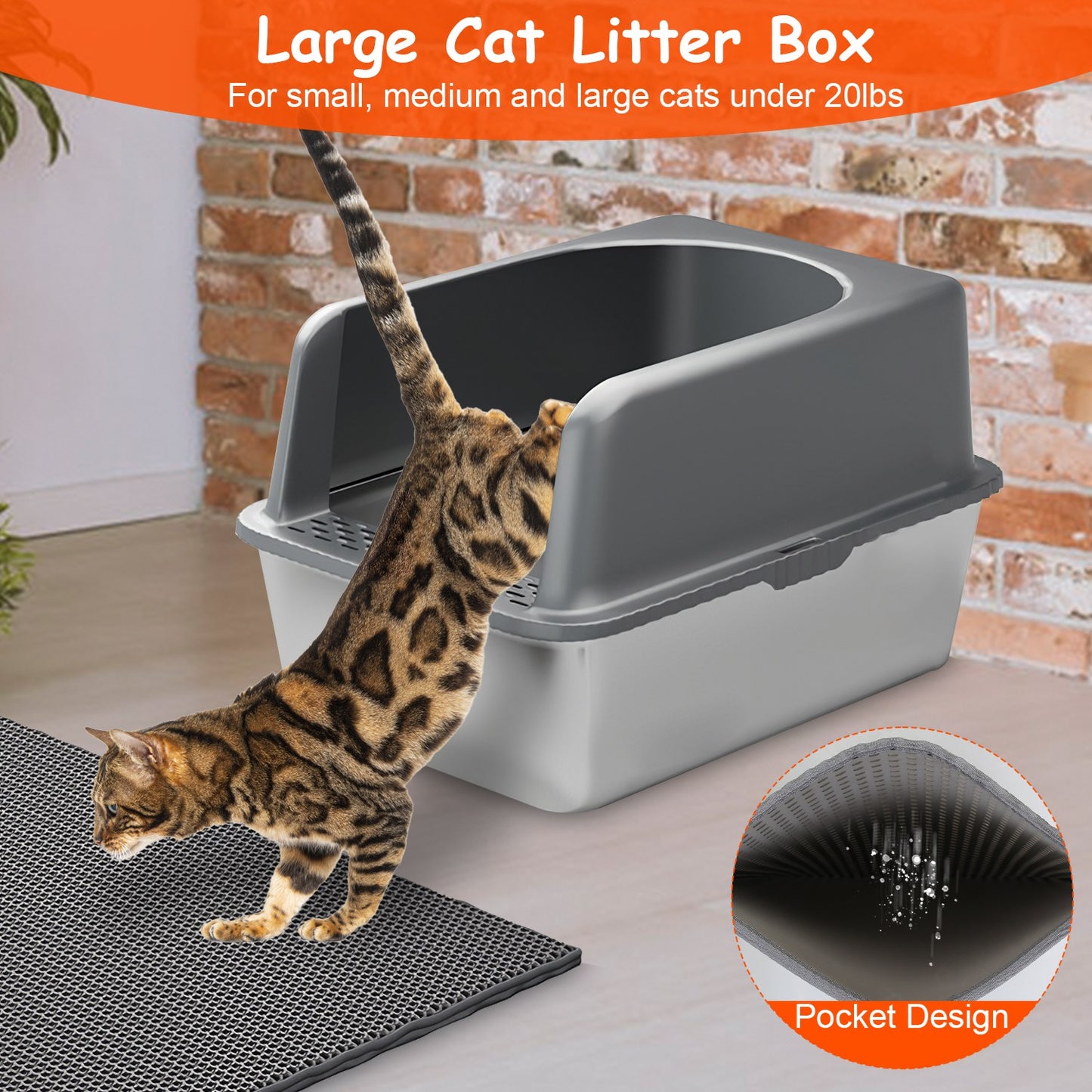 Enclosed Stainless Steel Cat Litter Box with Lid - Large