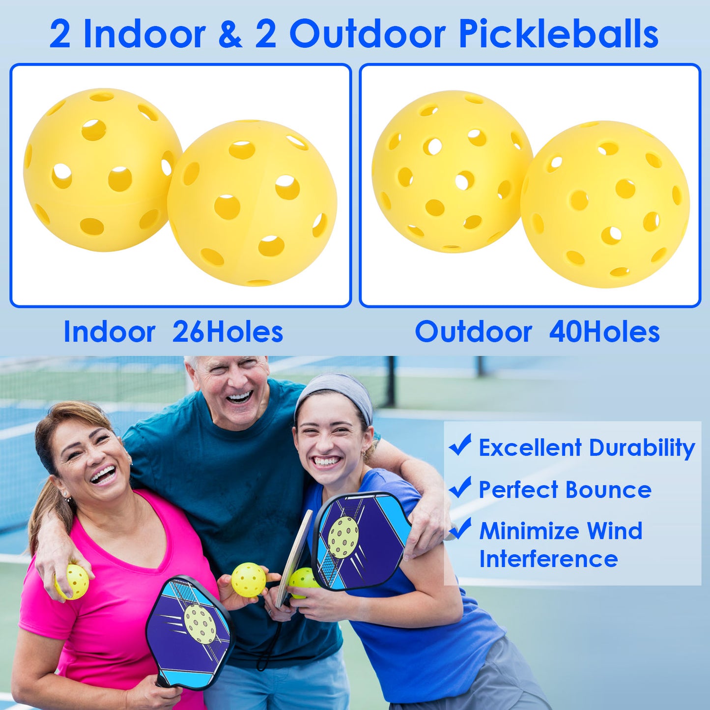 Pickleball Set with 2 Fiberglass Paddles & 4 Balls