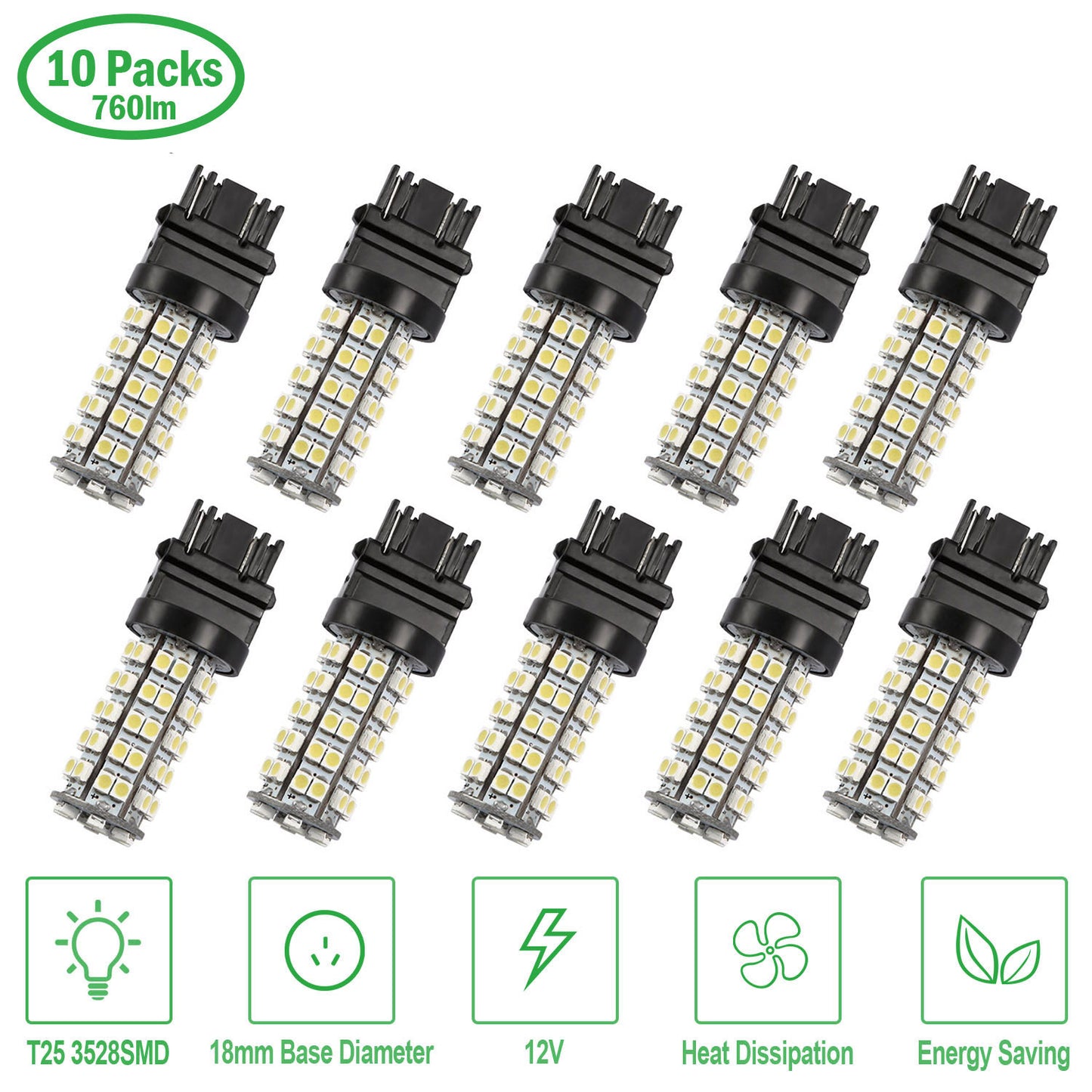LED Car Light Bulbs 10-Pack 6000K White T25 3528SMD 760lm