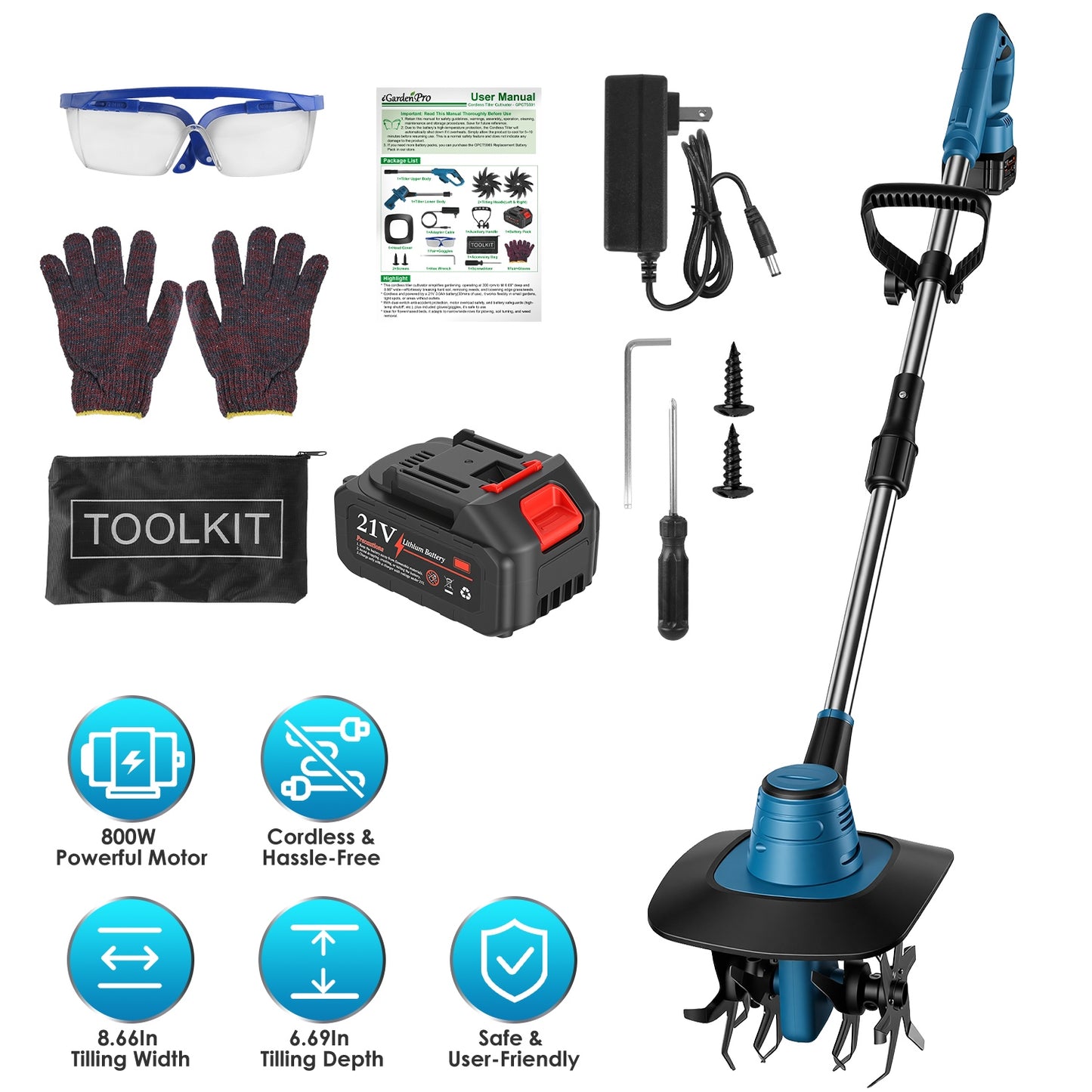 Cordless Tiller Cultivator 800W 21V Battery Powered Garden Tool