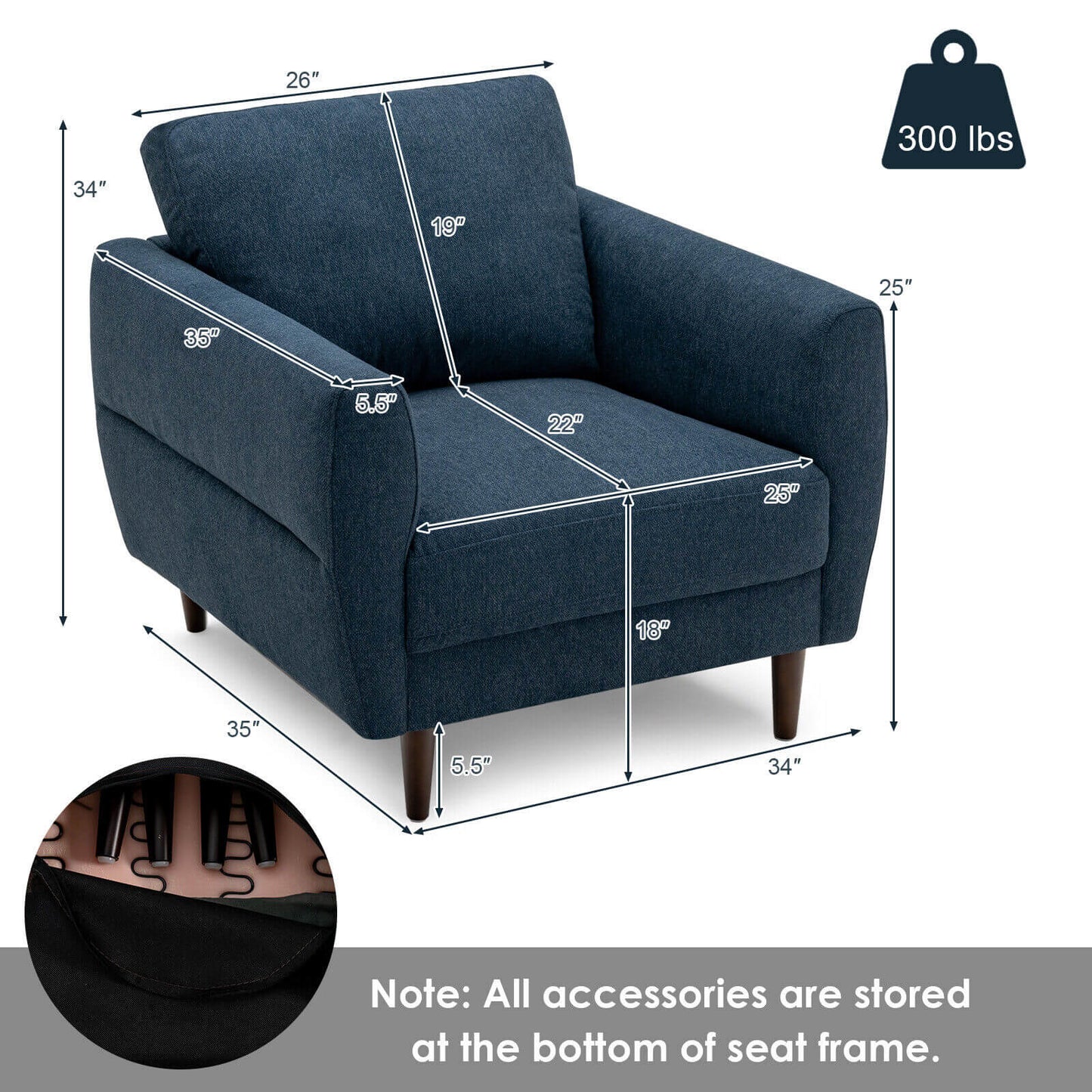 Upholstered Accent Chair with Solid Wood Frame - Navy