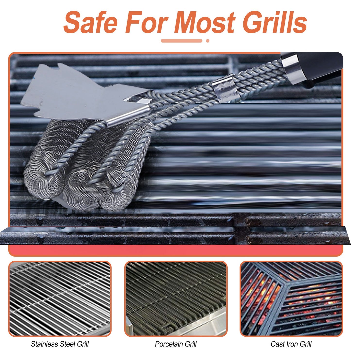 BBQ Grill Cleaning Brush with Scraper 16.5 Inch Handle