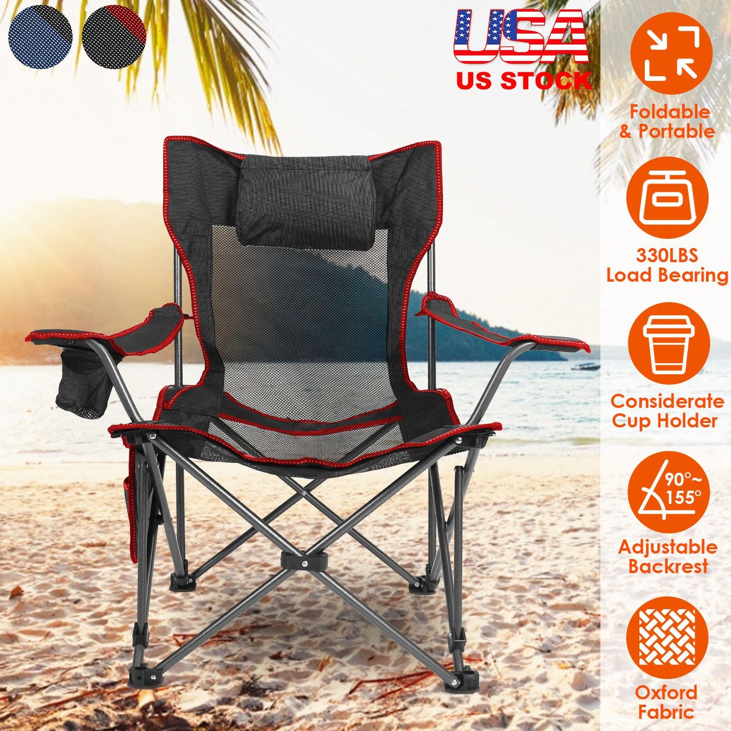 Foldable Camping Chair with Reclining Backrest - 330 LBS Capacity