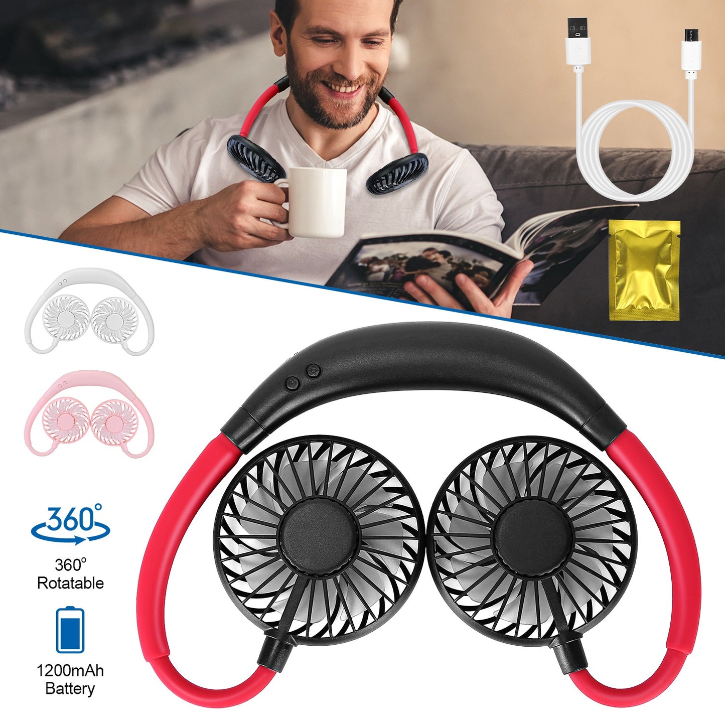 Neck Hanging Fan USB Rechargeable with Aromatherapy & LED