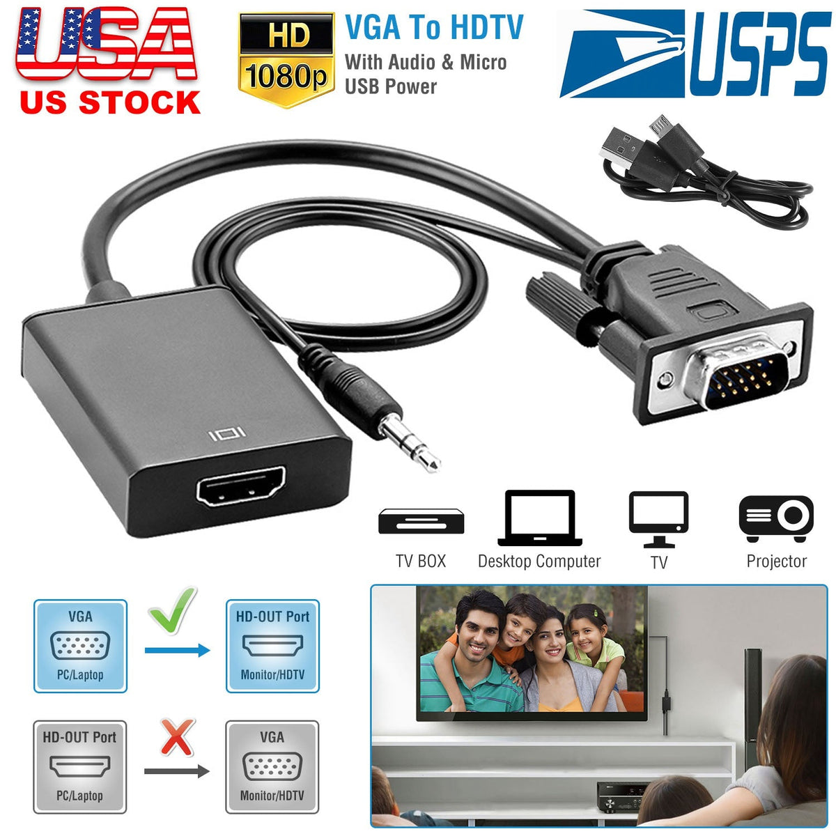 VGA to HD IN & HD OUT Converter Adapter HD 1080P Video Audio Cable Adapter w/ USB 3.5mm Plug For HDTV TV Projector Laptop