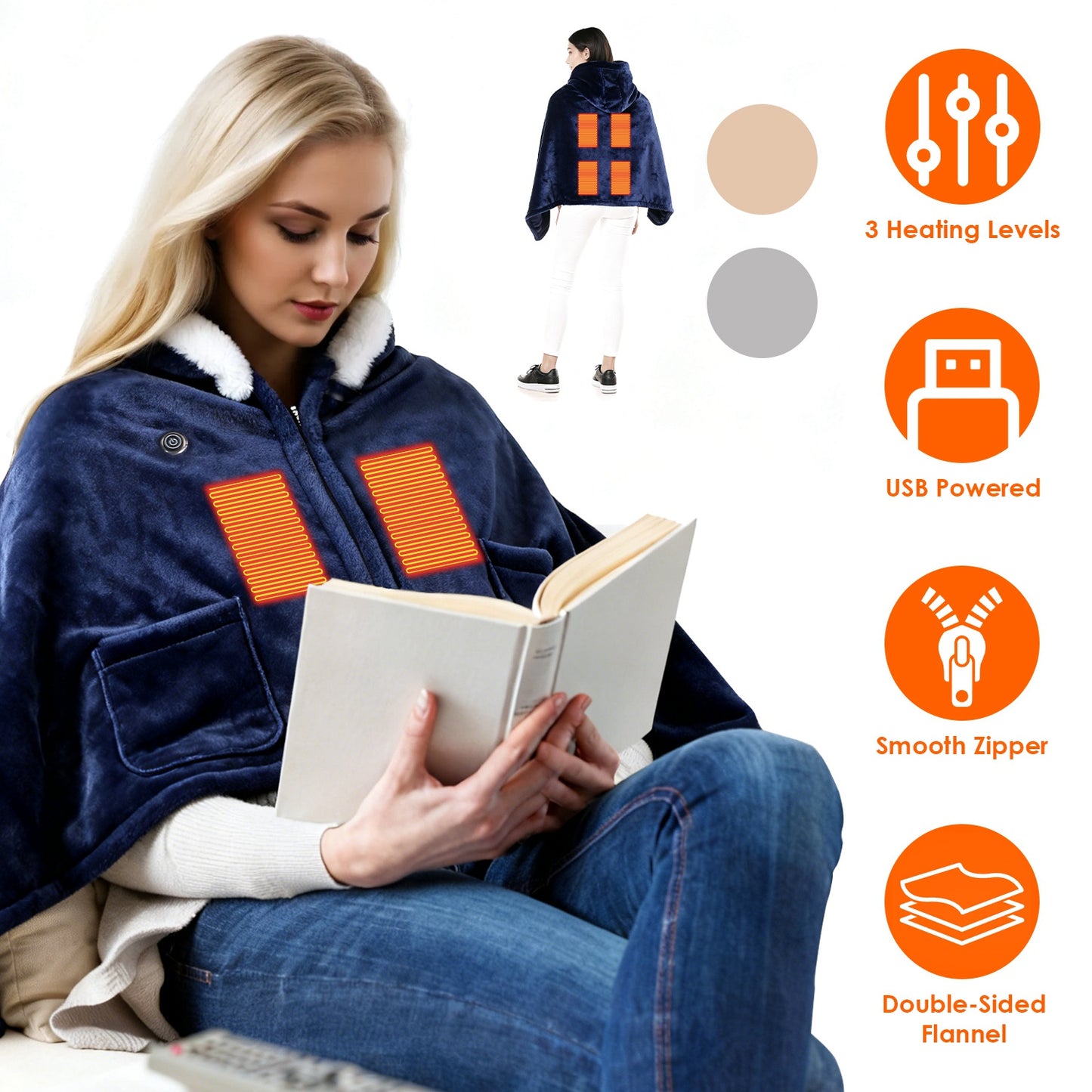 Wearable Heated Blanket with 8 Heating Zones & 3 Temperature Levels