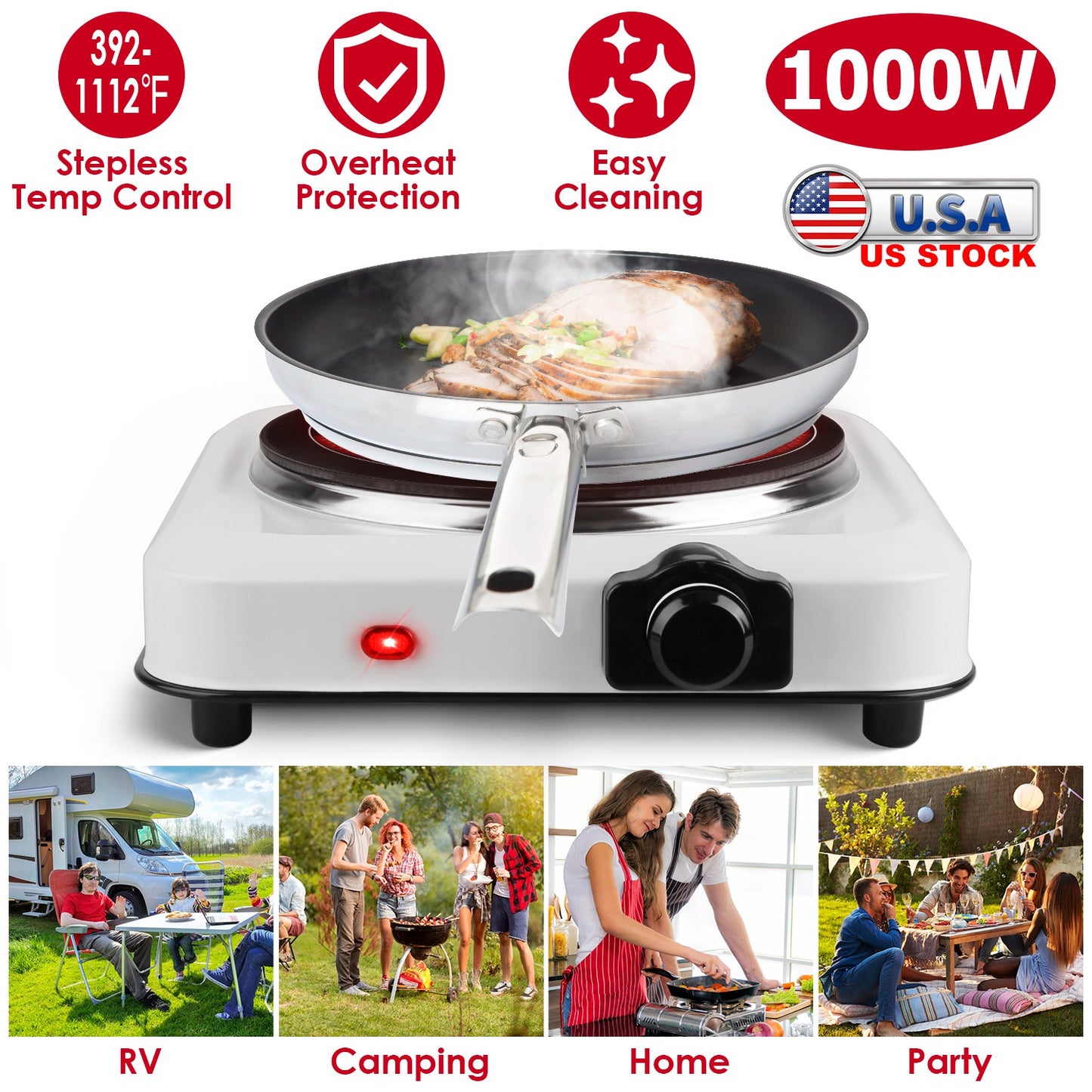 1000W Infrared Single Burner Hot Plate with Glass Cooktop