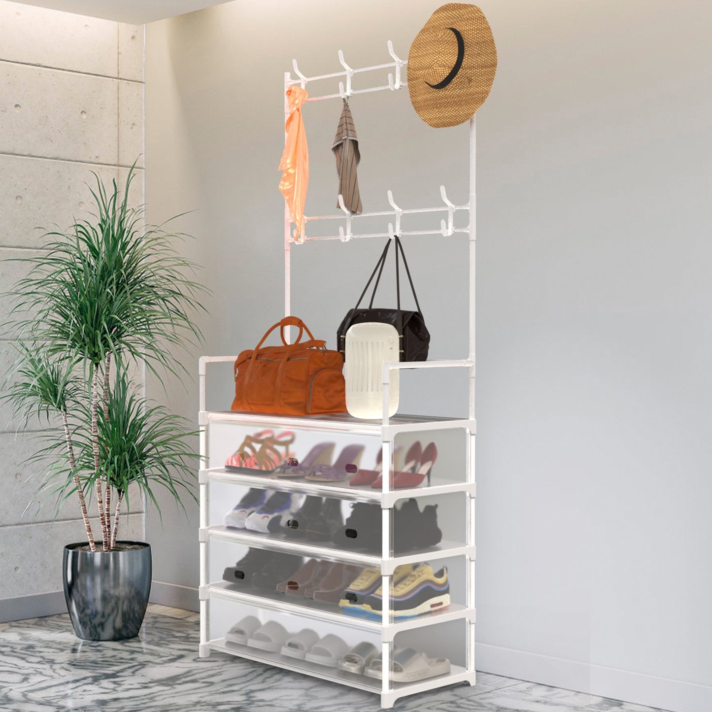 5-Tier Entryway Hall Tree with Coat Hooks & Shoe Storage
