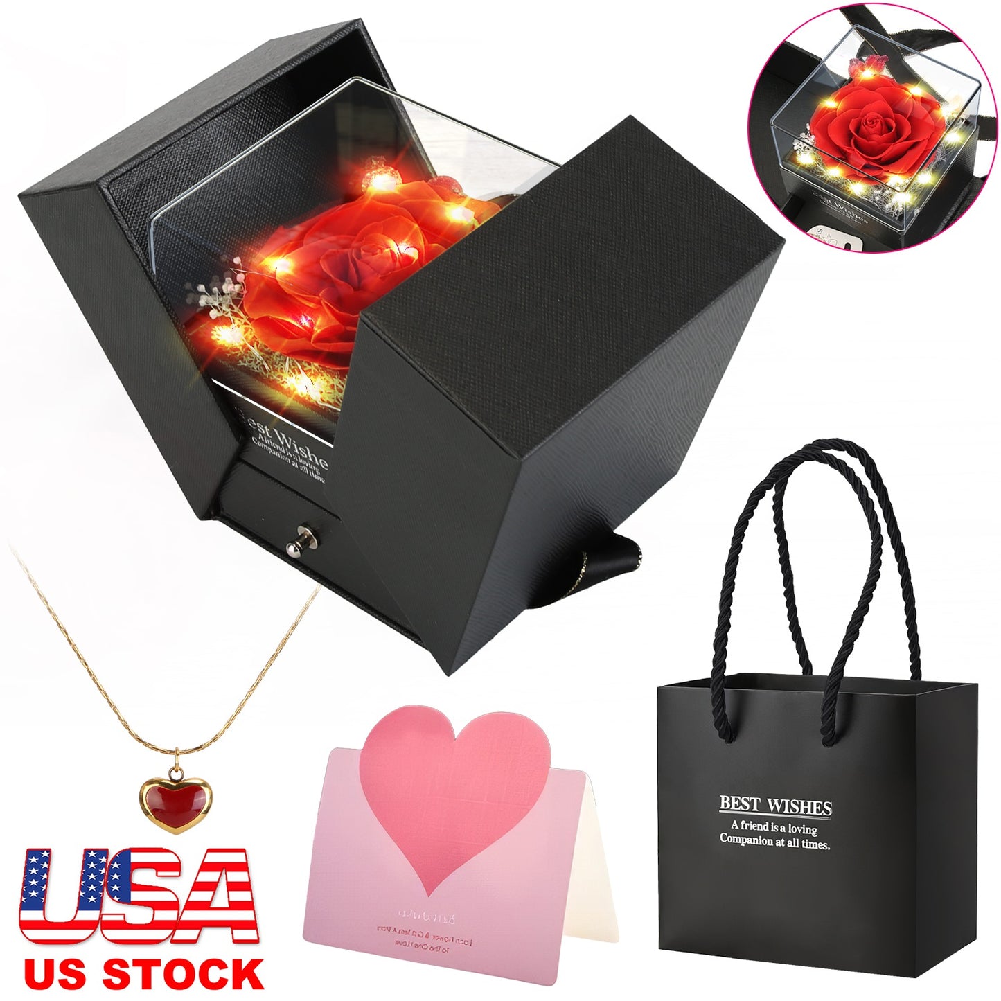 Preserved Red Real Rose with Heart Necklace
