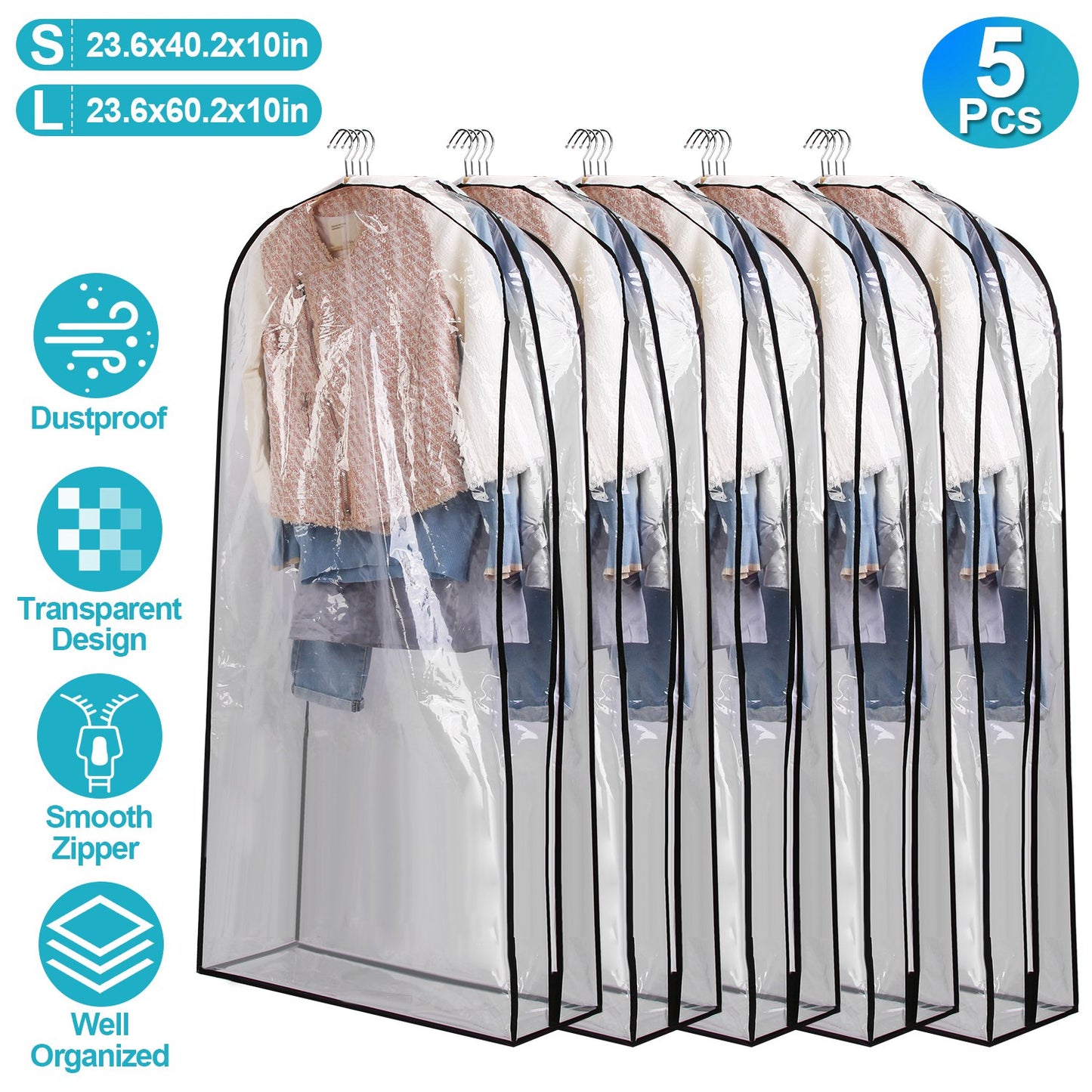 Hanging Garment Bags 60 Inch - 5 Pack Clear Dustproof Storage