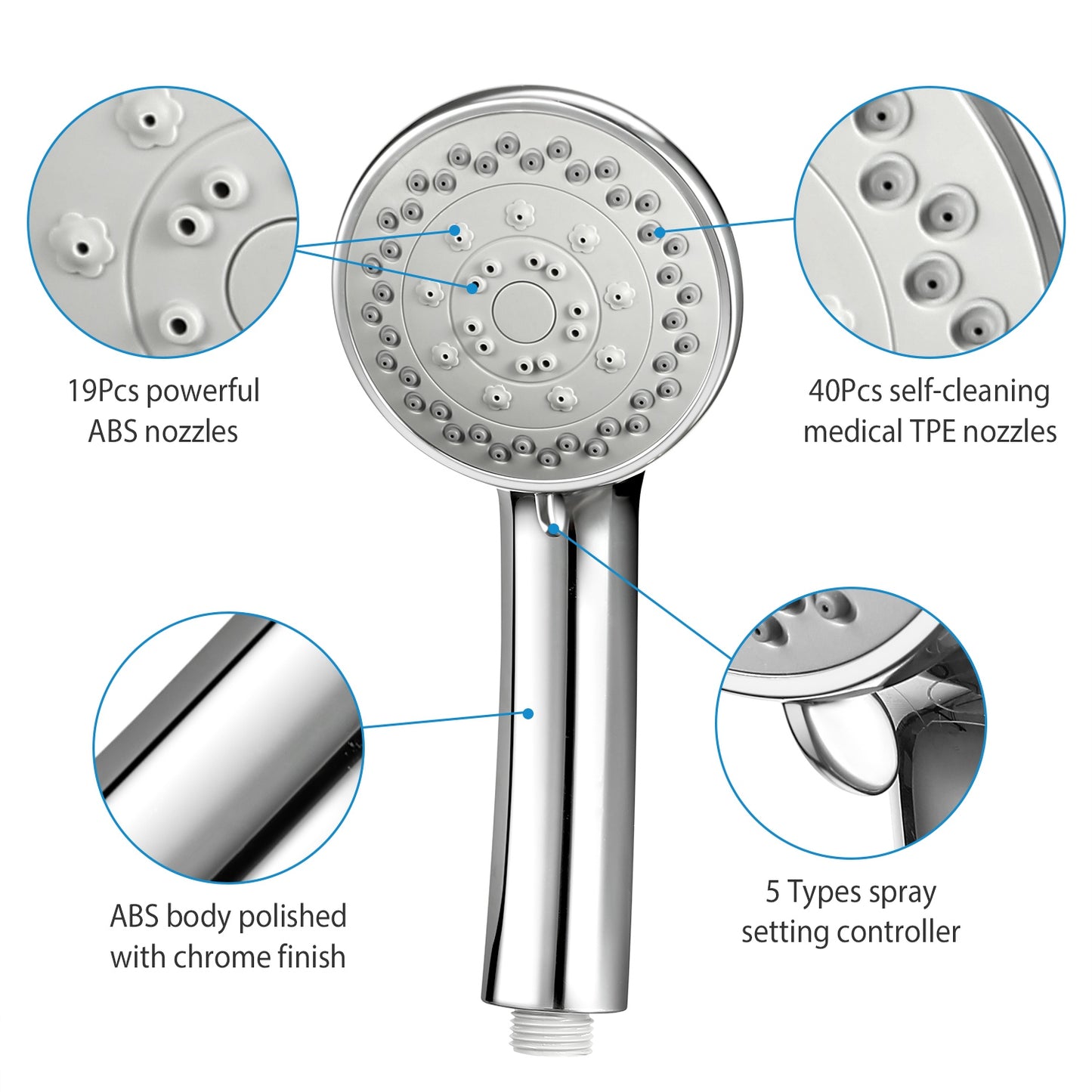 Handheld Shower Head with 5 Spray Settings & Steel Hose