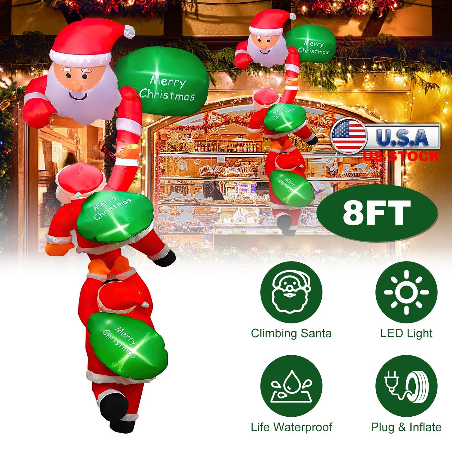8FT Inflatable Climbing Santa Claus with LED Lights